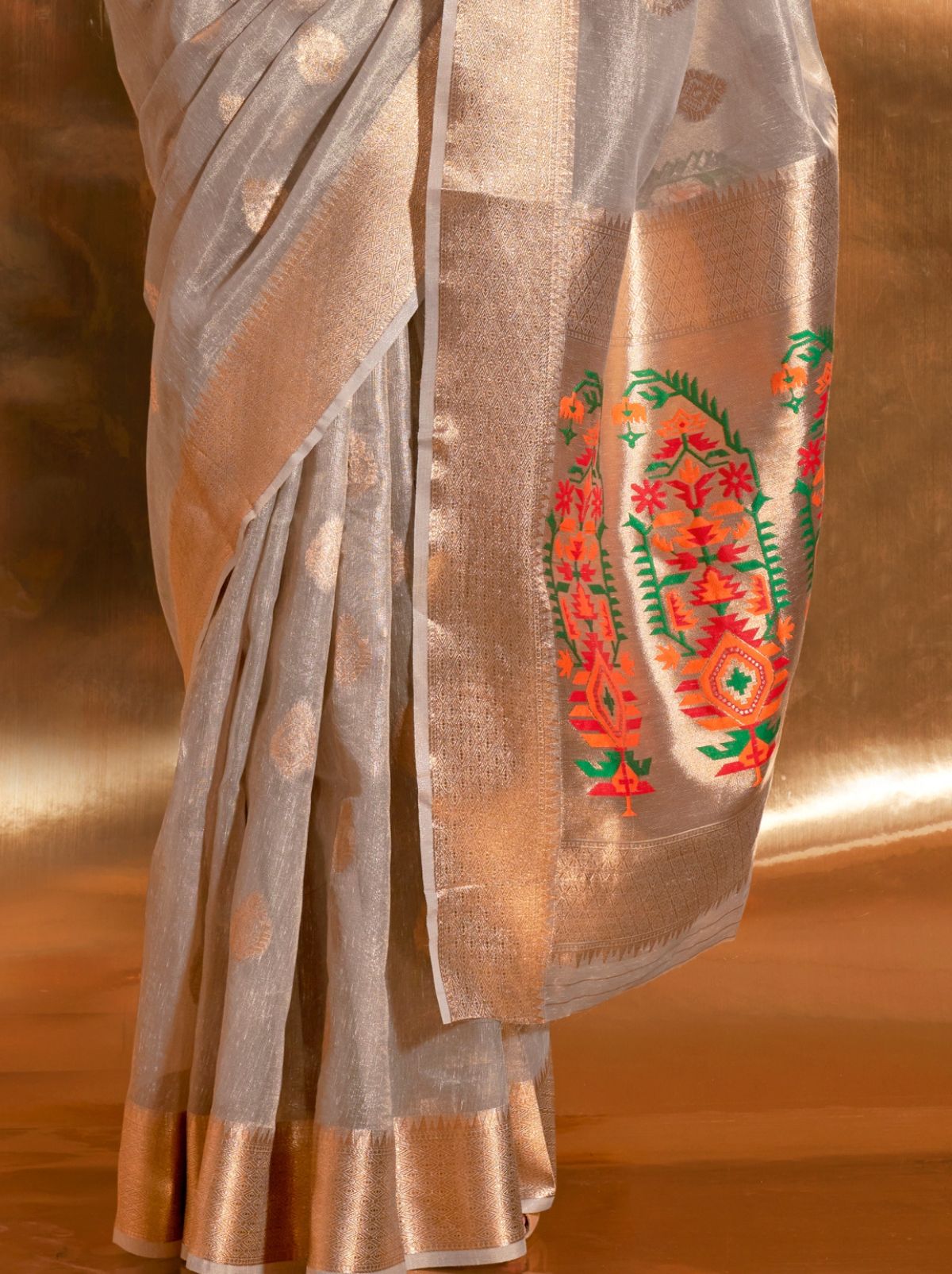 Pewter Grey Paithani Tissue Silk Blended Saree - TrendOye