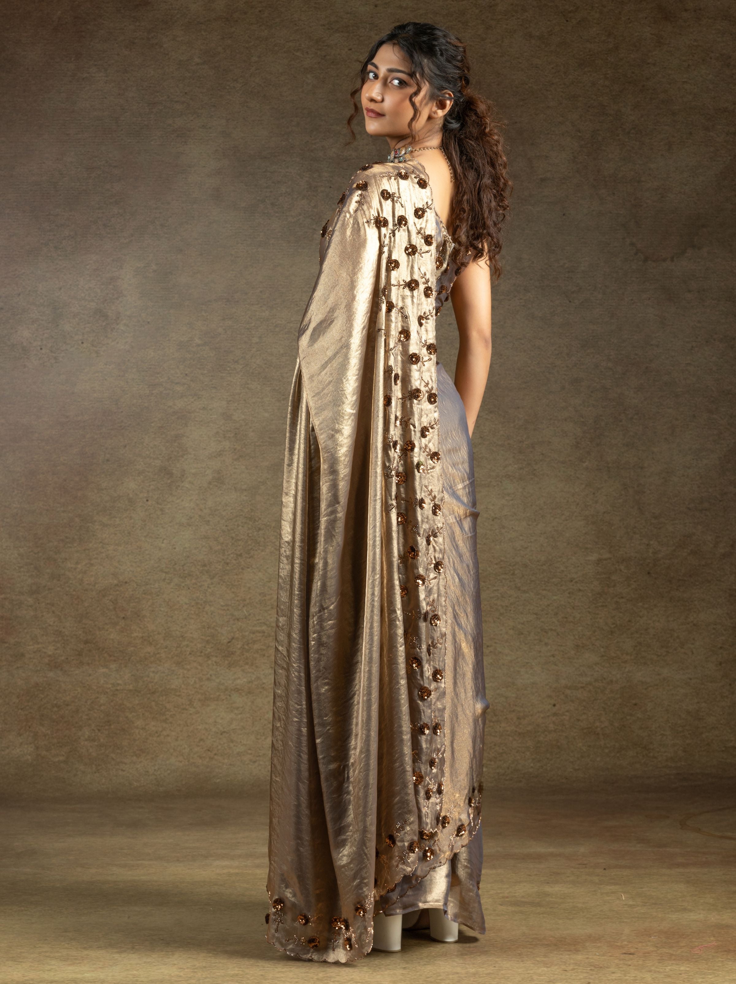 Lava Grey Satin Silk Party Saree With Blouse Piece - TrendOye
