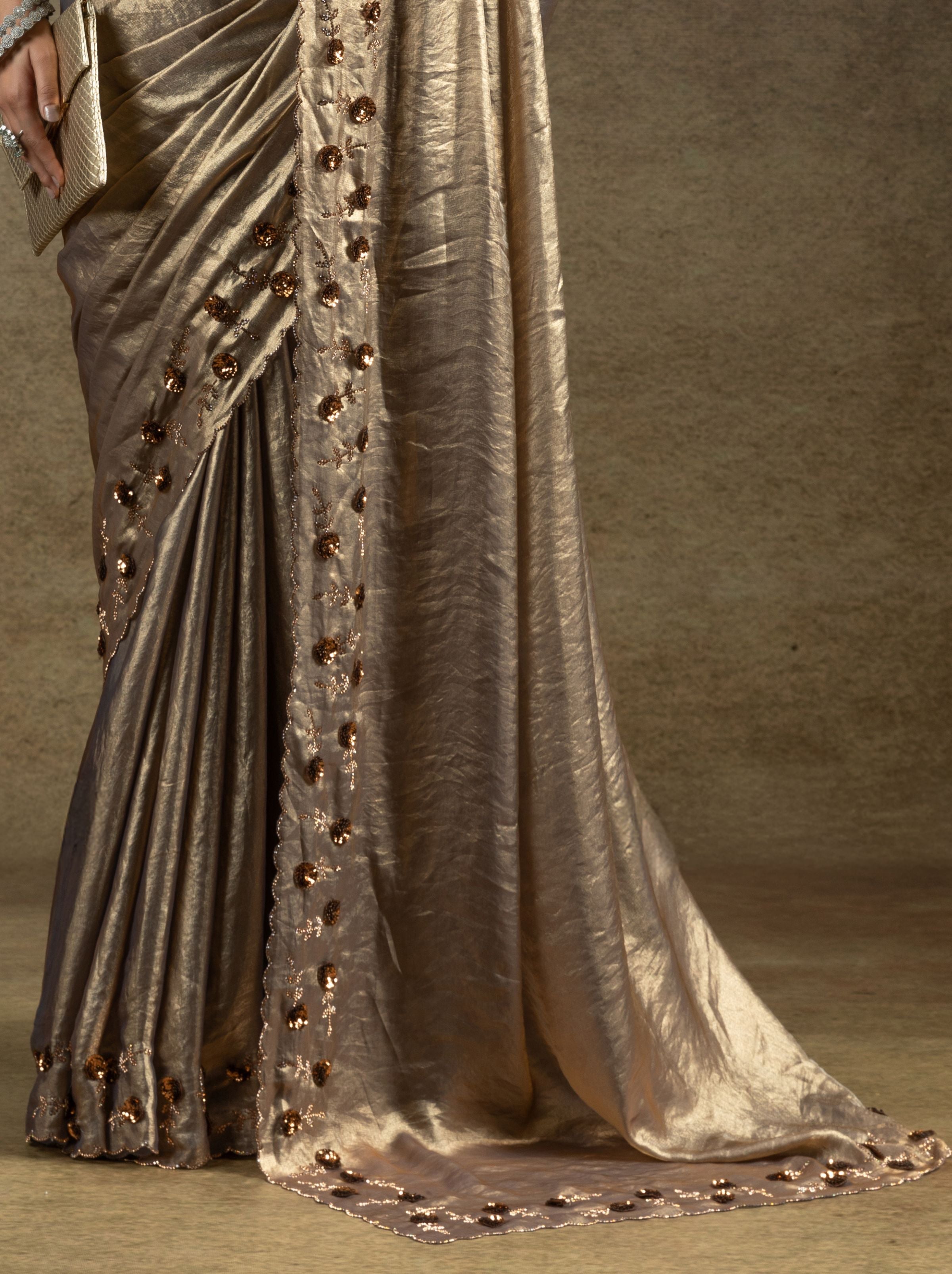 Lava Grey Satin Silk Party Saree With Blouse Piece - TrendOye