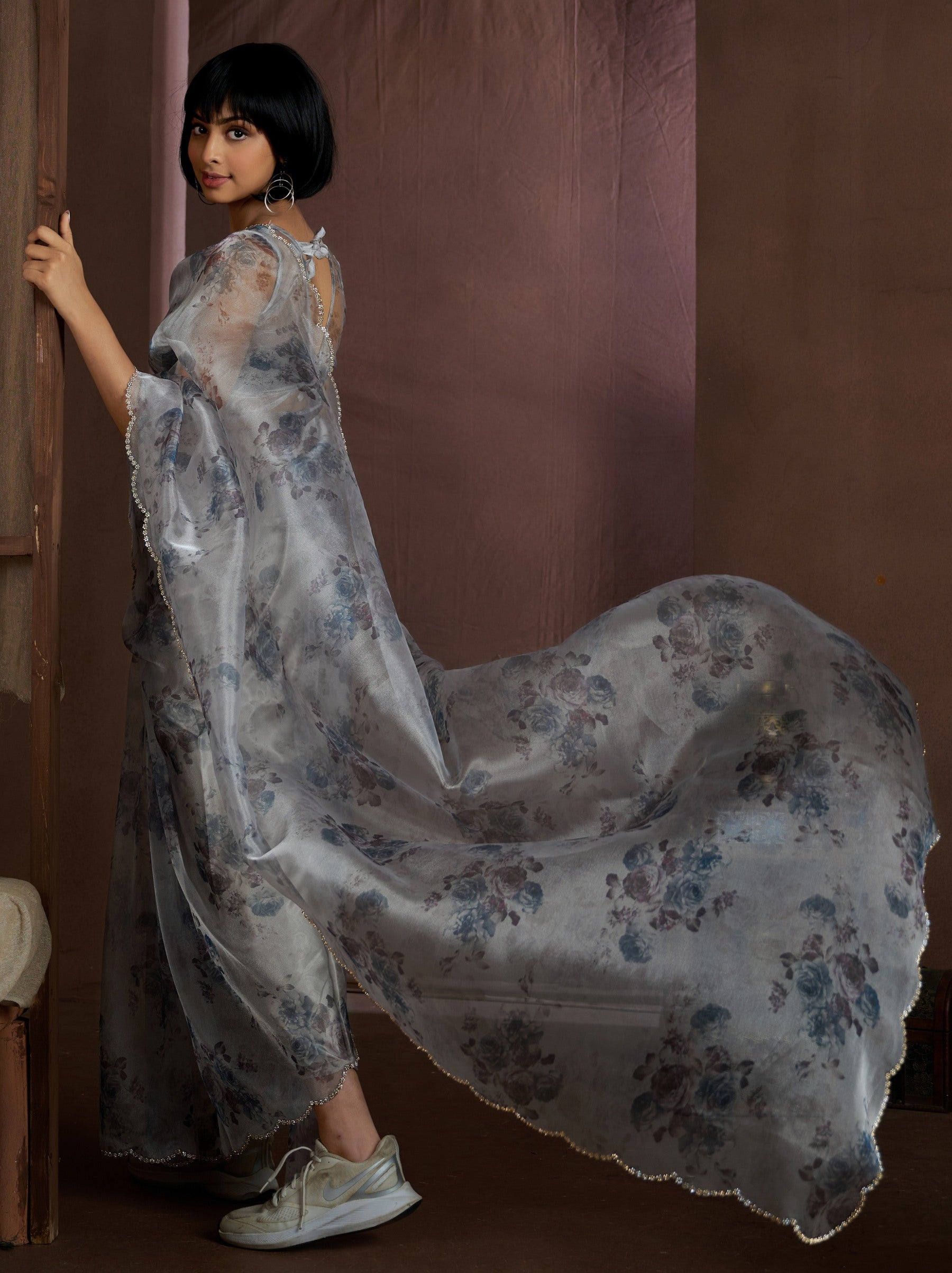 Smoke Gray Digital Organza Silk Party Saree - TrendOye