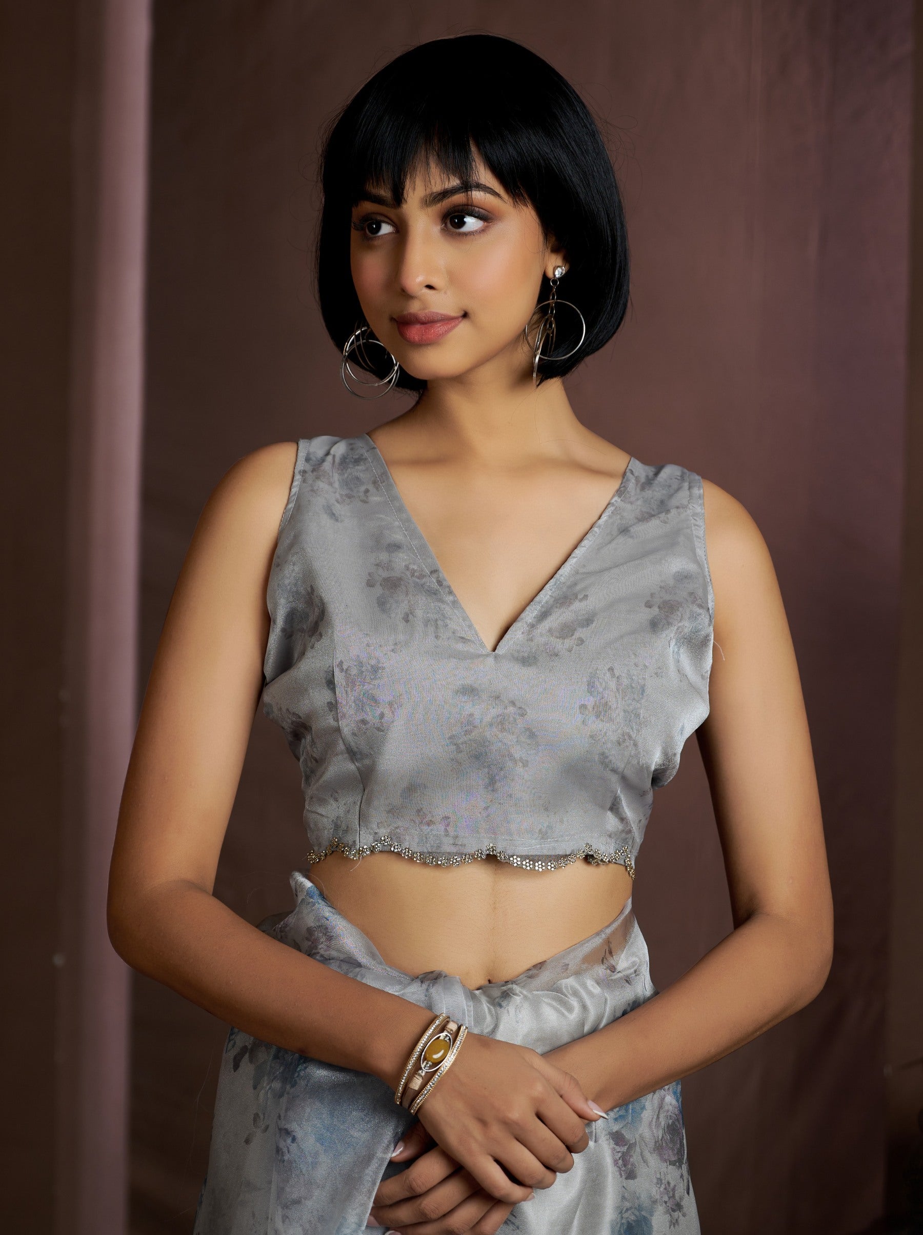 Smoke Gray Digital Organza Silk Party Saree - TrendOye