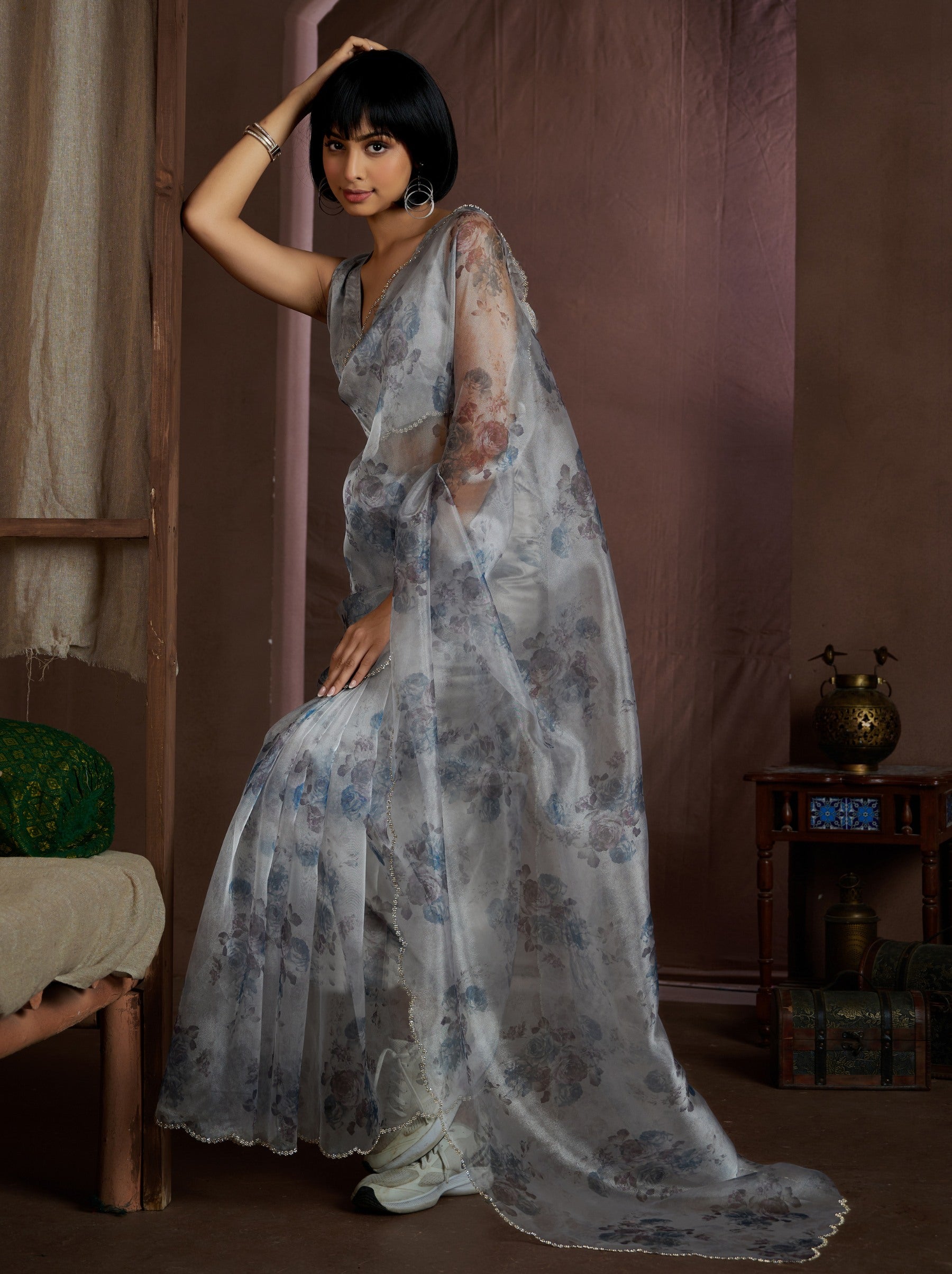 Smoke Gray Digital Organza Silk Party Saree - TrendOye