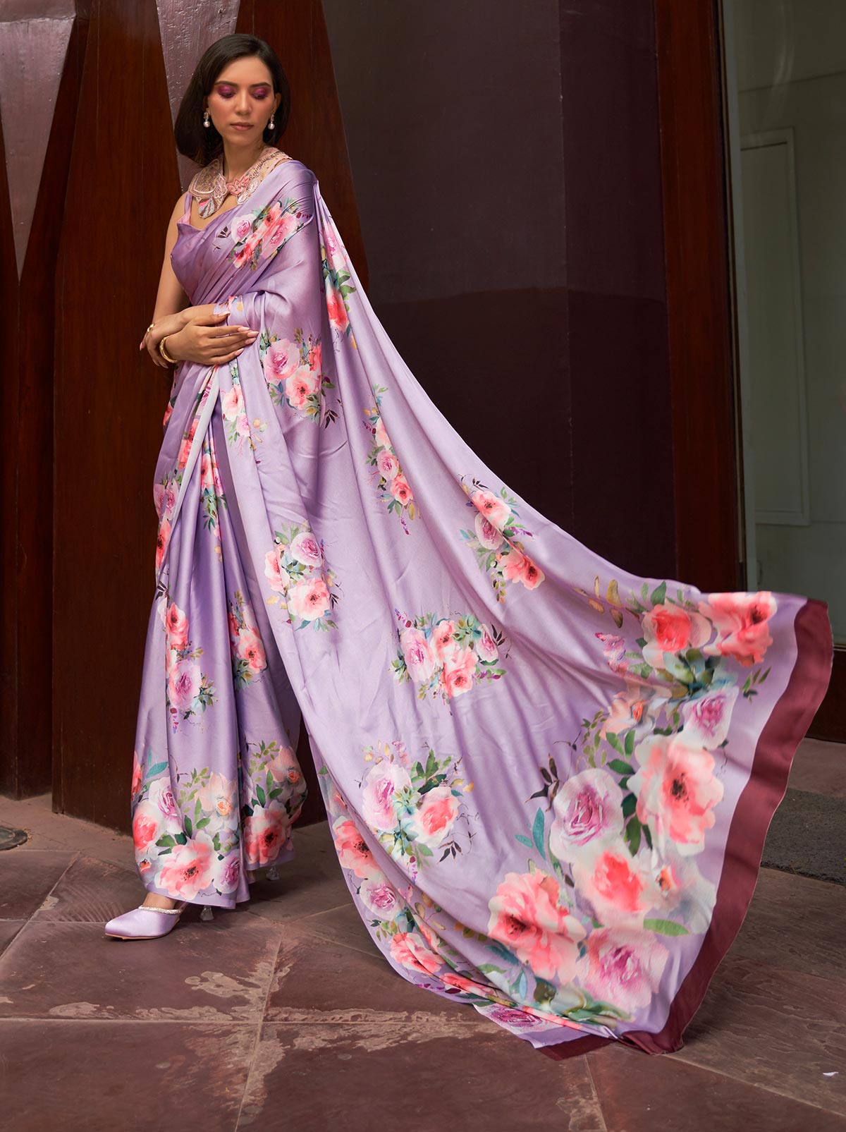 Indigo Purple Satin Silk Designer Saree - TrendOye