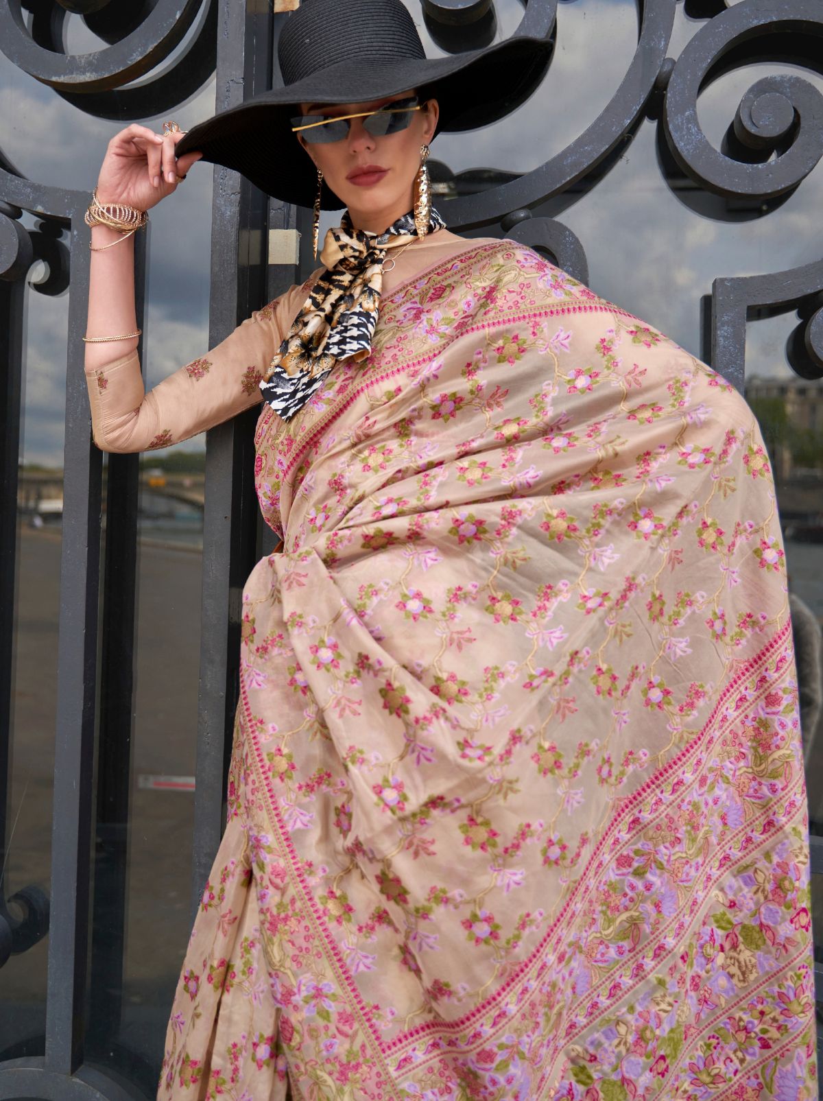 Khaki Beige Premium Organza Designer Saree - TrendOye