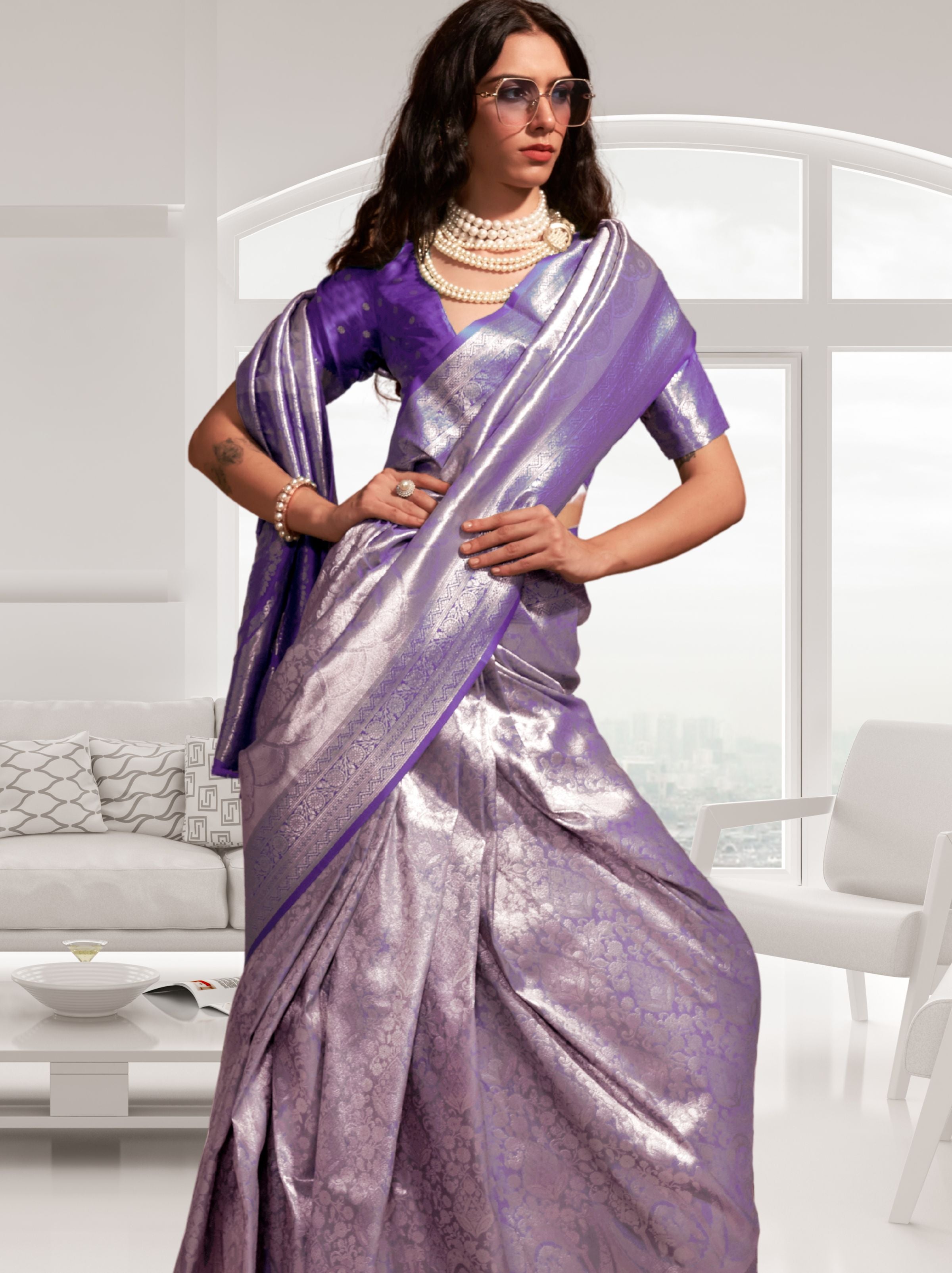 Electric Voilet-Lavender Kanjivaram Designer Saree - TrendOye