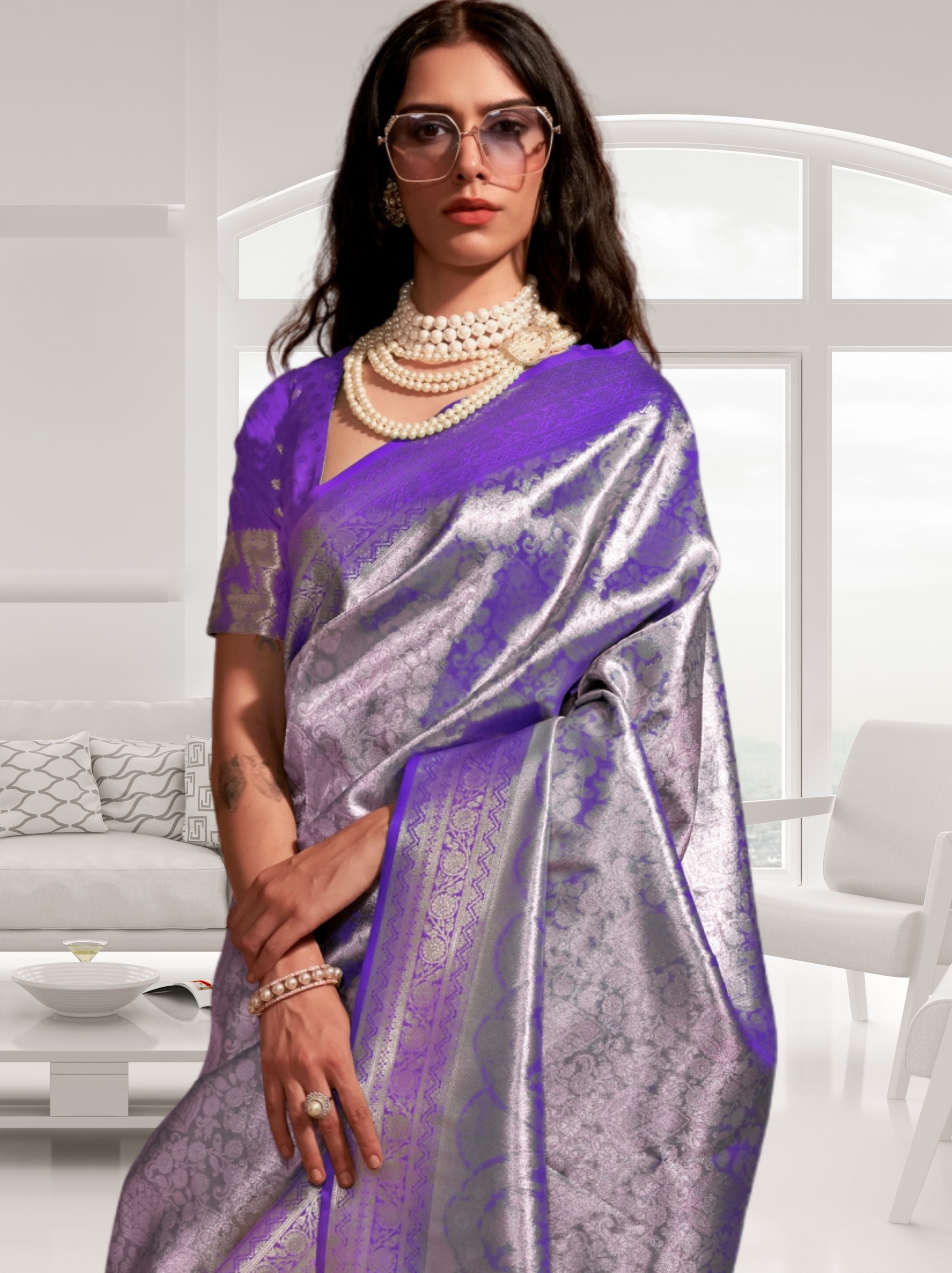 Electric Voilet-Lavender Kanjivaram Designer Saree - TrendOye