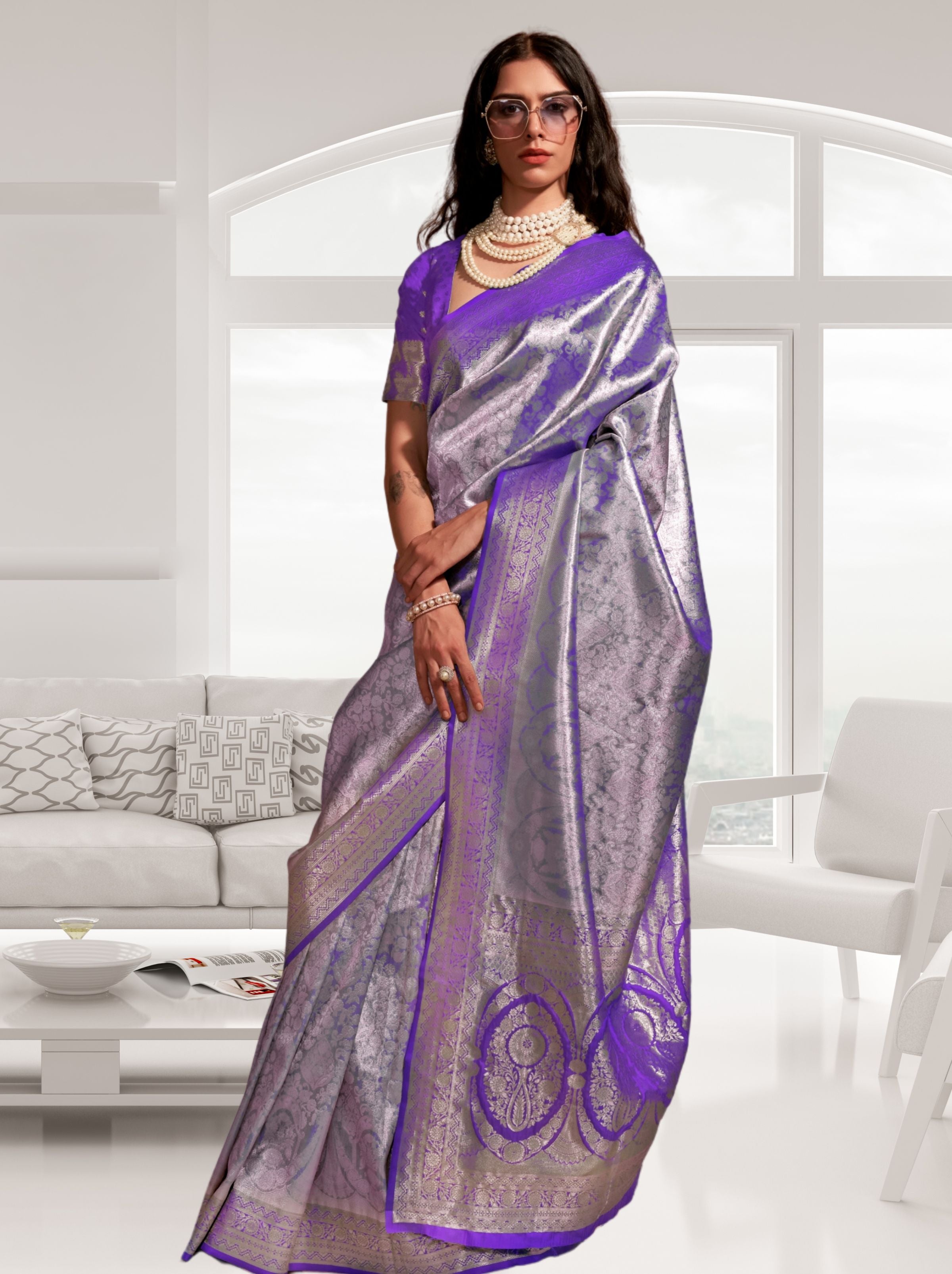 Electric Voilet-Lavender Kanjivaram Designer Saree - TrendOye