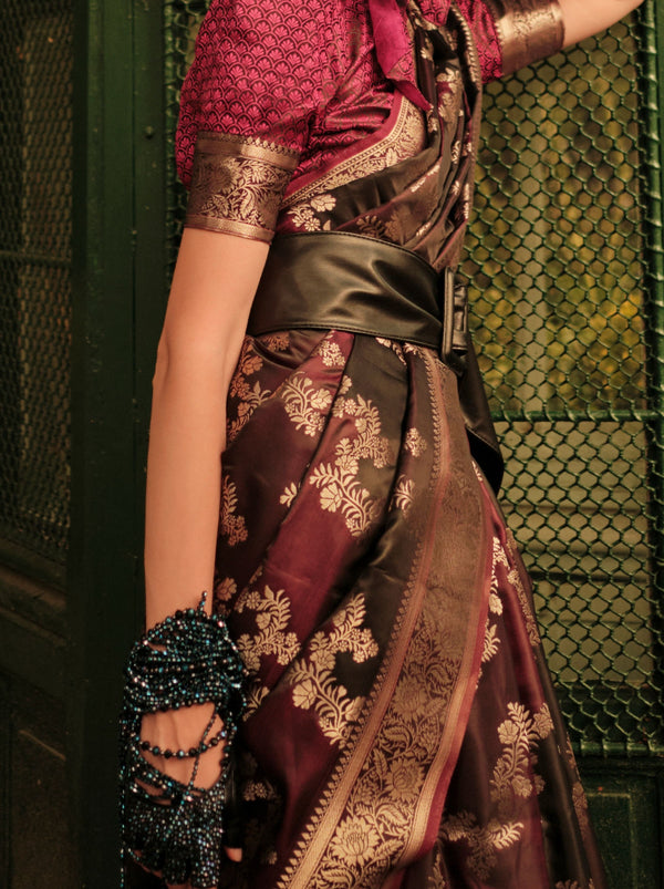 Mahogany Red-Maroon Designer Satin Silk Blended Saree - TrendOye