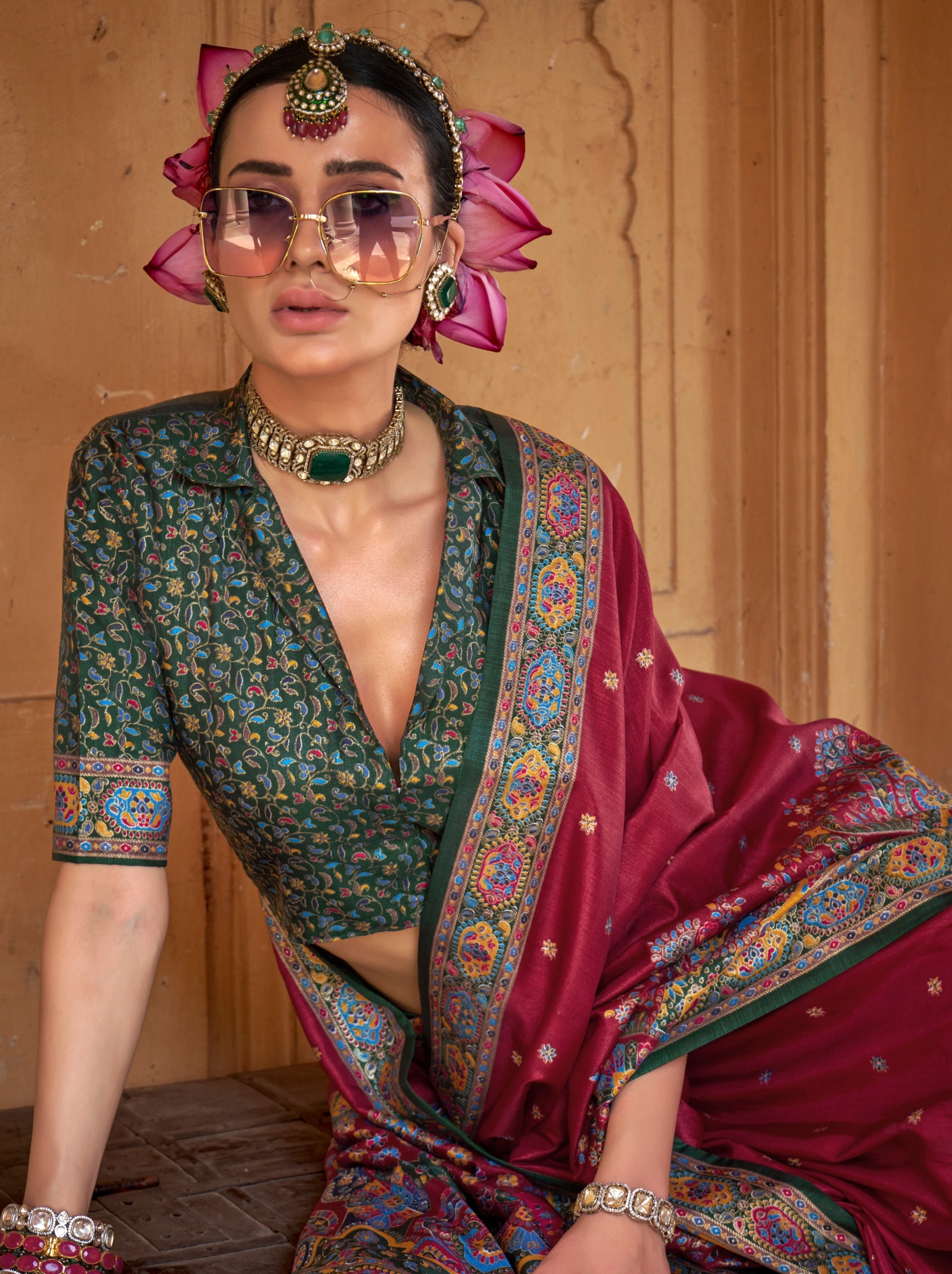 Vibrant Maroon Ethnic Celebration Silk Saree With Unstitched Blouse - TrendOye