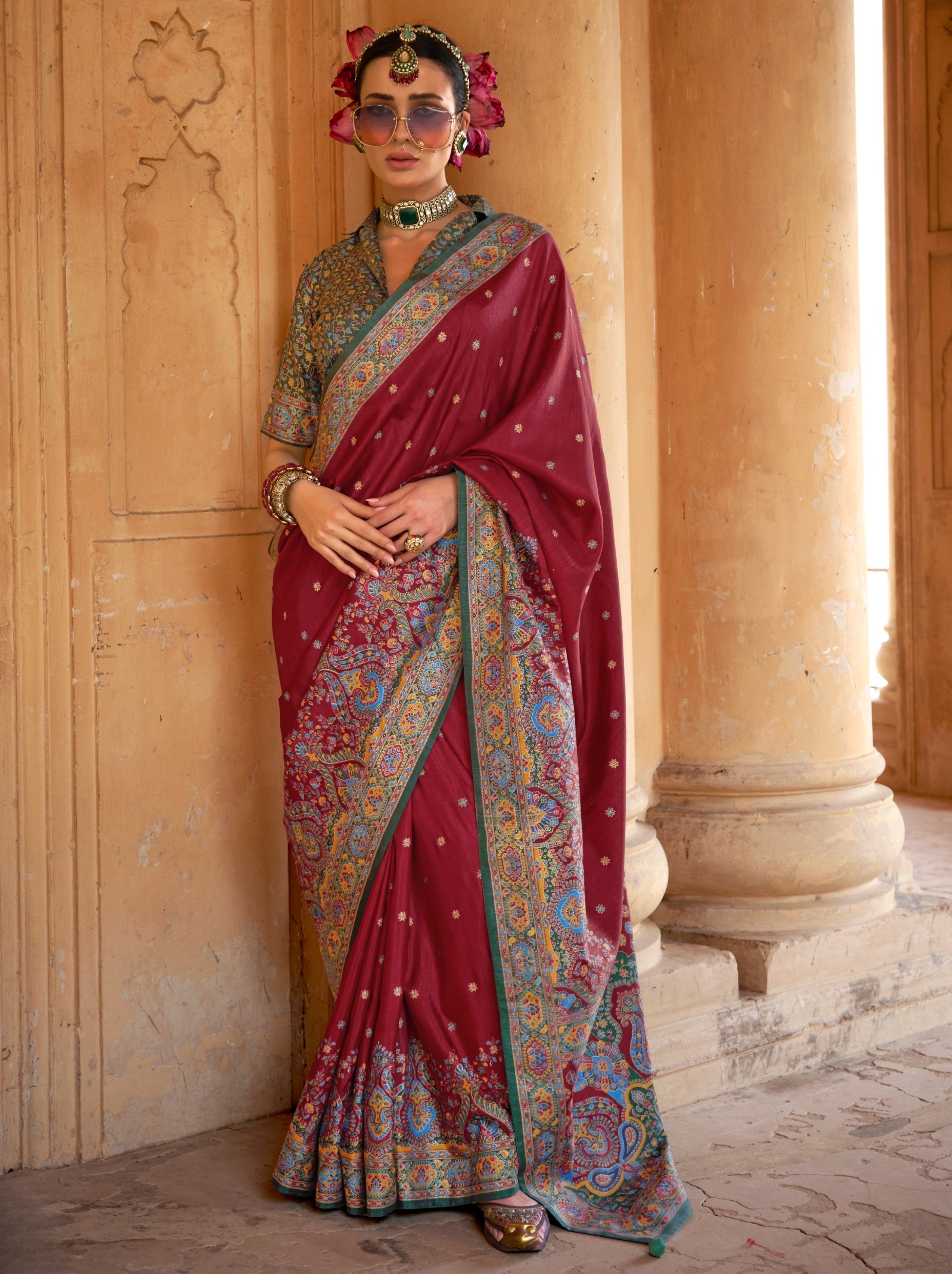 Vibrant Maroon Ethnic Celebration Silk Saree With Unstitched Blouse - TrendOye