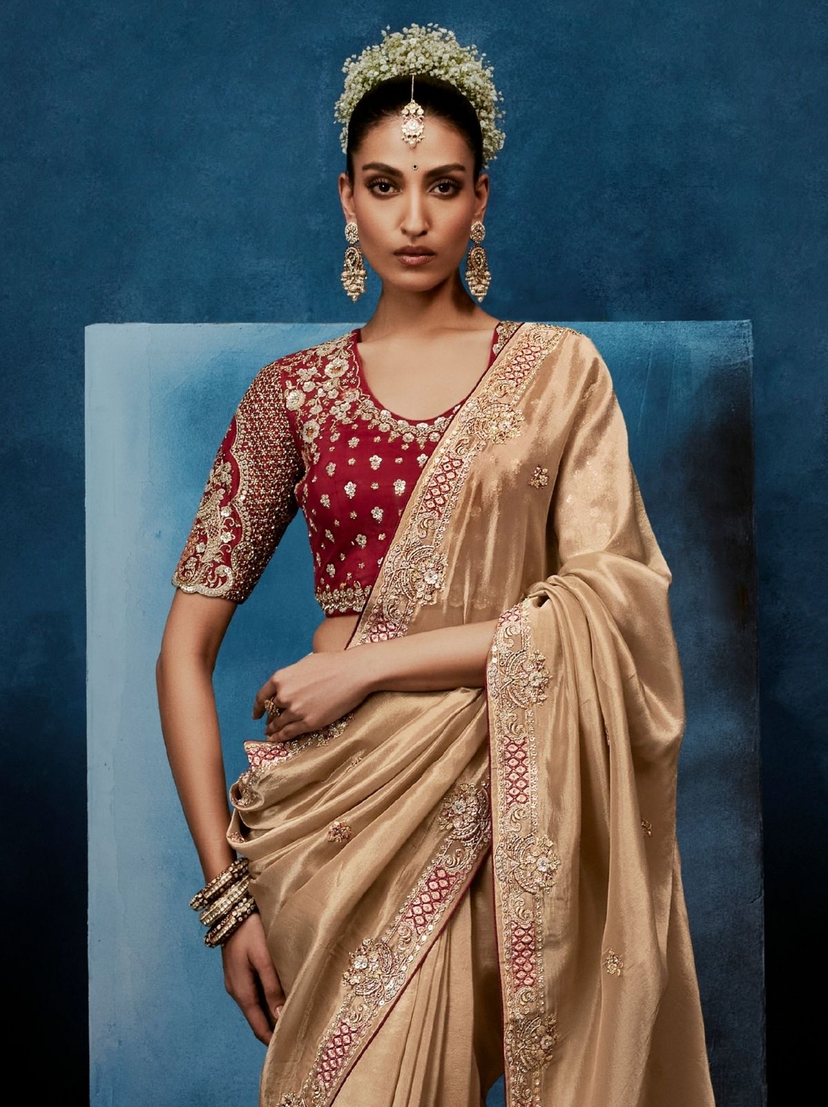 Metallic Cream Celebration Fancy Saree With Premium Blouse - TrendOye