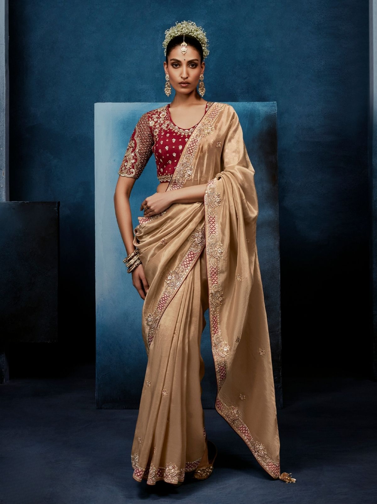 Metallic Cream Celebration Fancy Saree With Premium Blouse - TrendOye