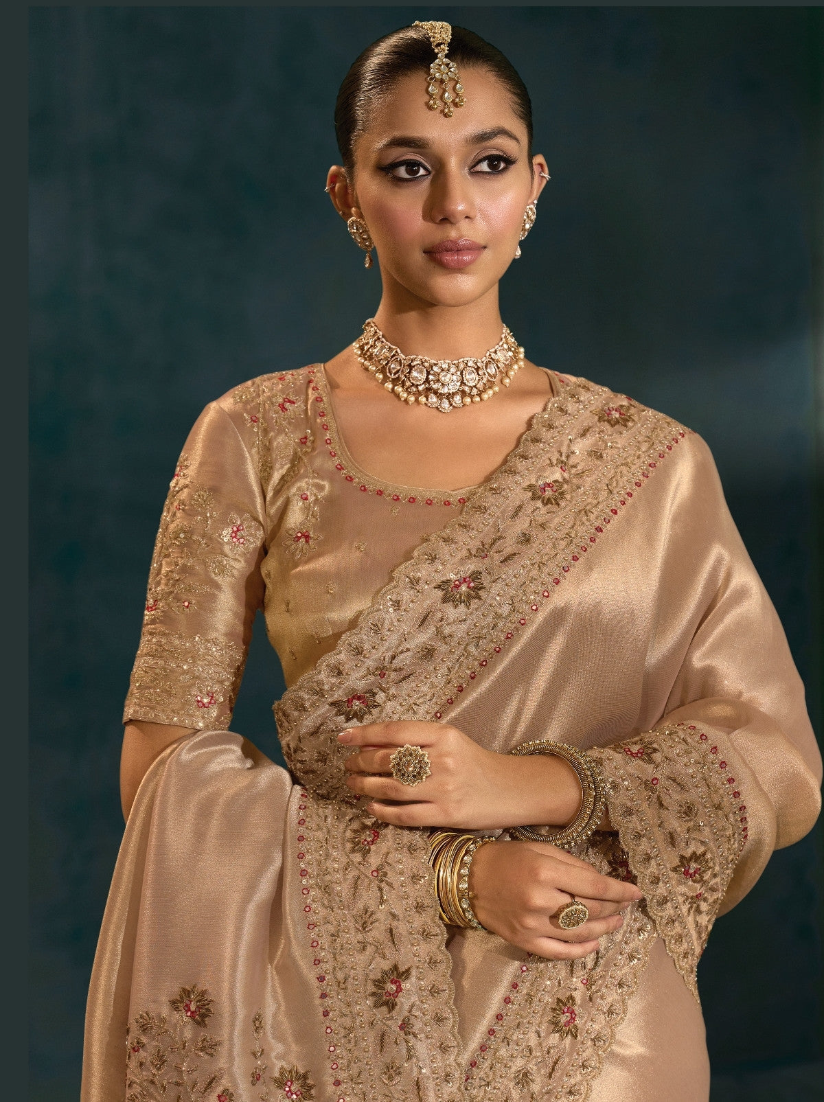Metallic Cream Wedding Designer Soft Silk Saree With Blouse Piece