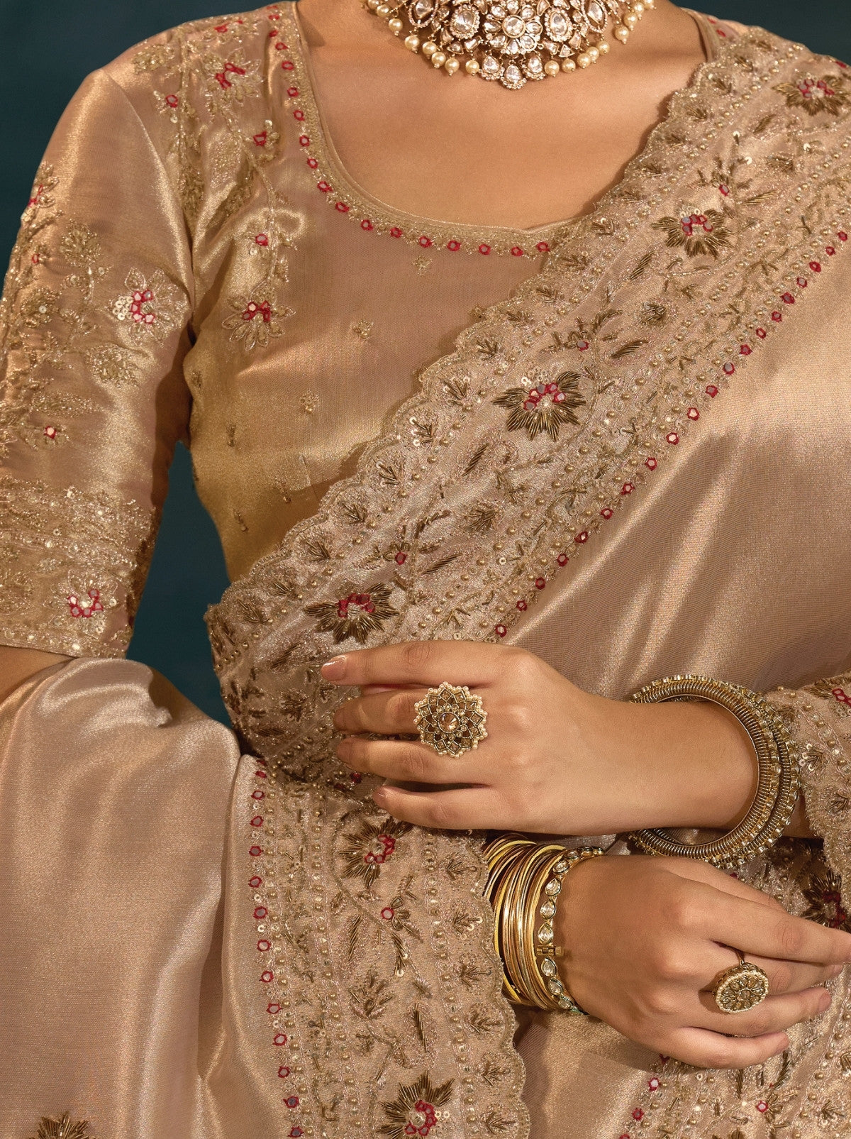 Metallic Cream Wedding Designer Soft Silk Saree With Blouse Piece