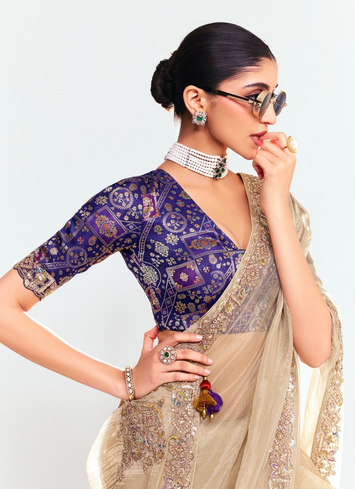 Metallic Cream Party Fancy Premium Saree With Fine Blouse Piece - TrendOye