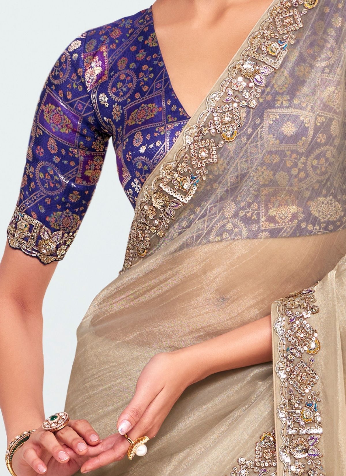 Metallic Cream Party Fancy Premium Saree With Fine Blouse Piece - TrendOye