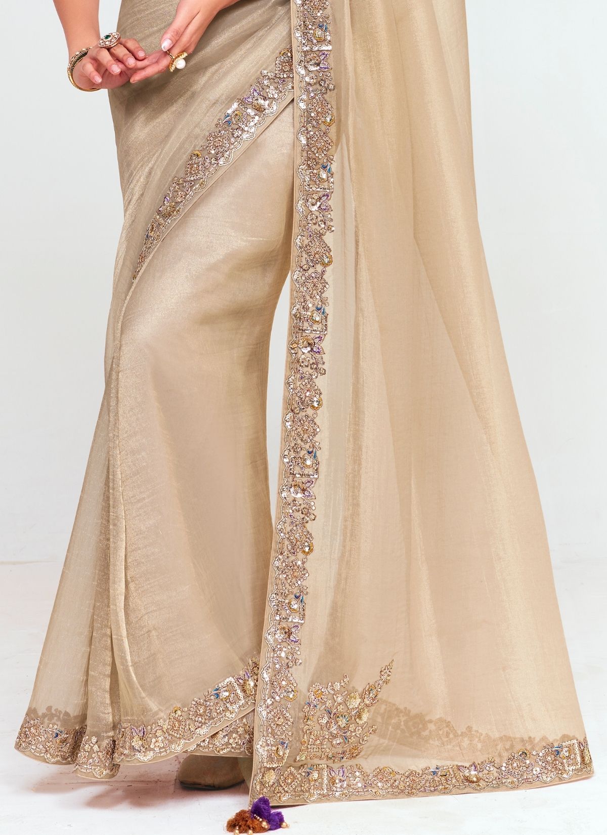 Metallic Cream Party Fancy Premium Saree With Fine Blouse Piece - TrendOye