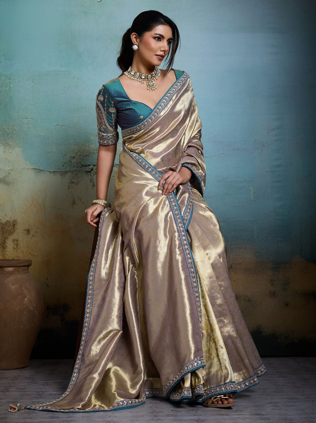 Metallic Cream Premium Designer Tissue Banarasi Saree With Blouse Piece