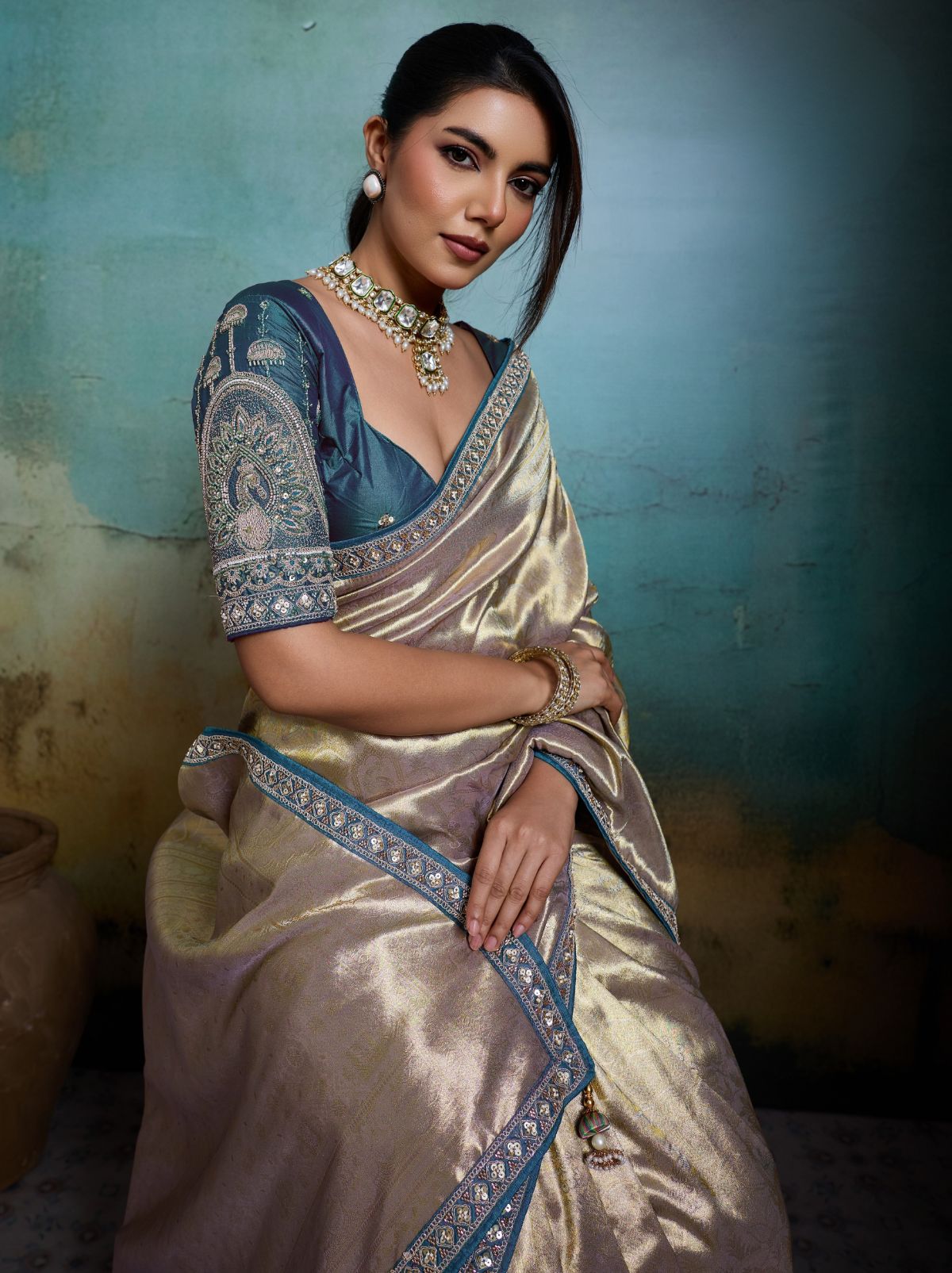 Metallic Cream Premium Designer Tissue Banarasi Saree With Blouse Piece