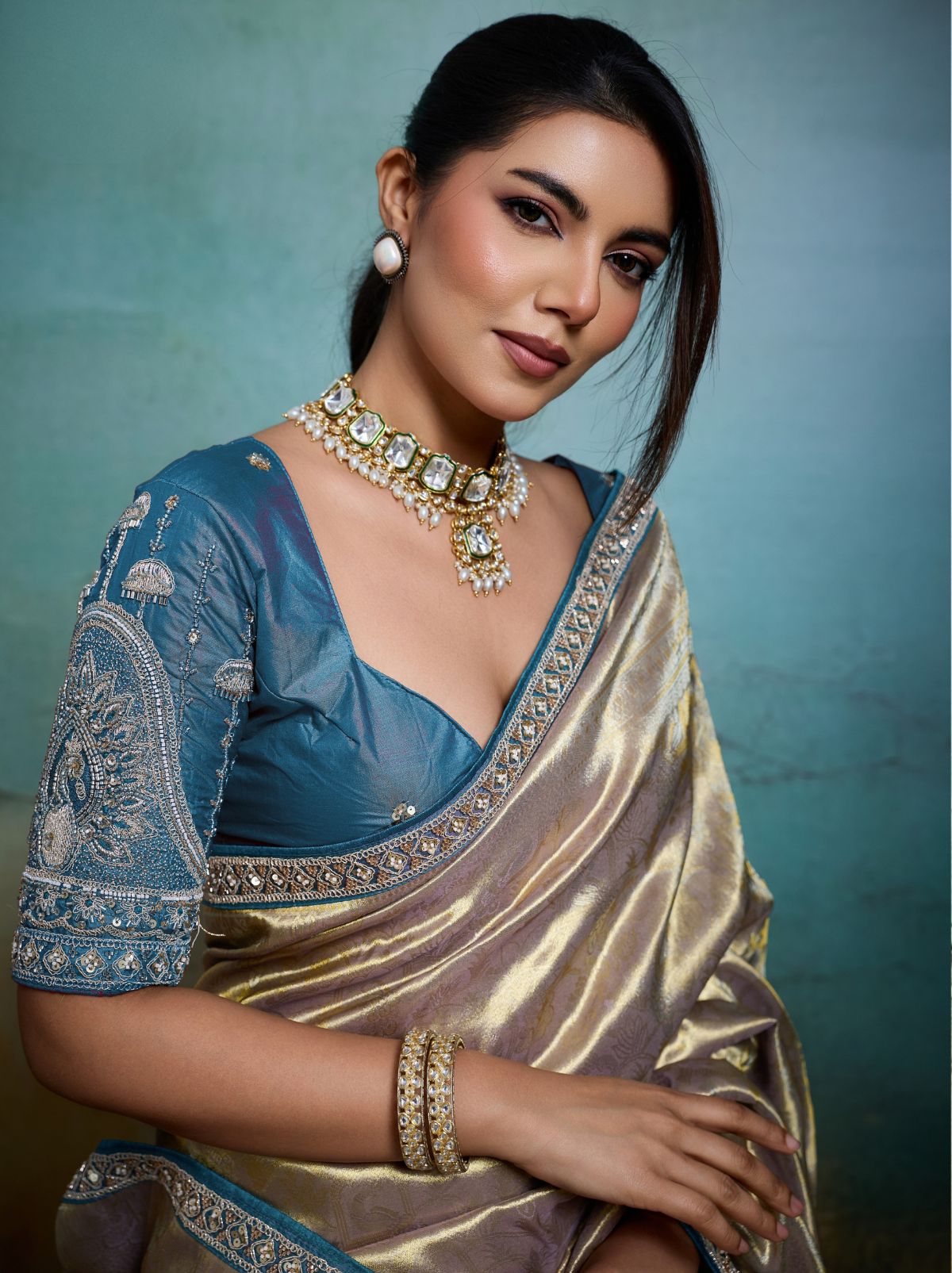 Metallic Cream Premium Designer Tissue Banarasi Saree With Blouse Piece
