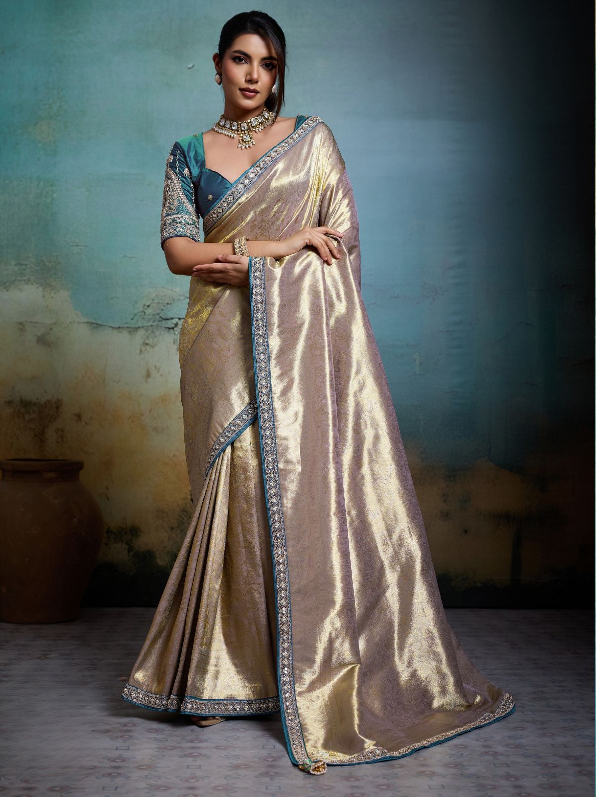 Metallic Cream Premium Designer Tissue Banarasi Saree With Blouse Piece