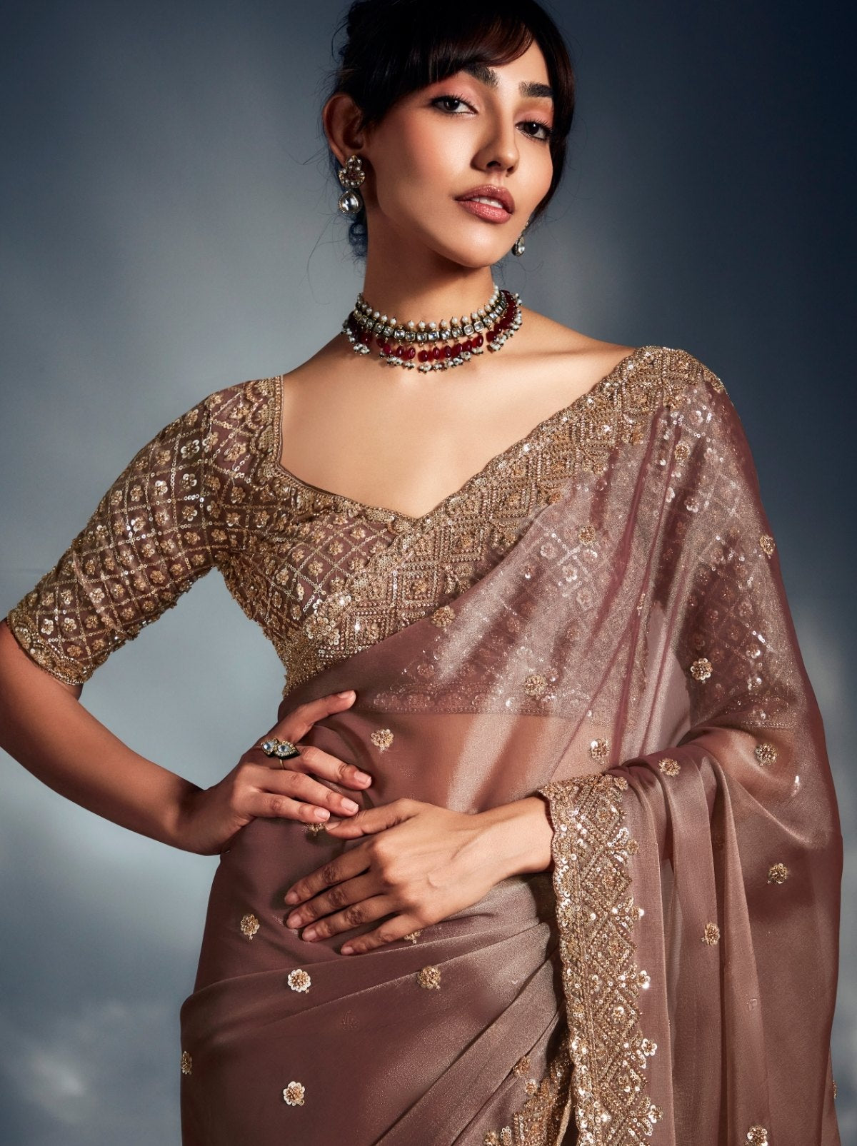 Metallic Cream Tissue Organza Wedding Saree With Blouse Piece