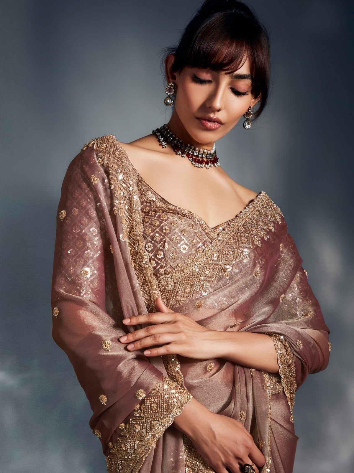 Metallic Cream Tissue Organza Wedding Saree With Blouse Piece
