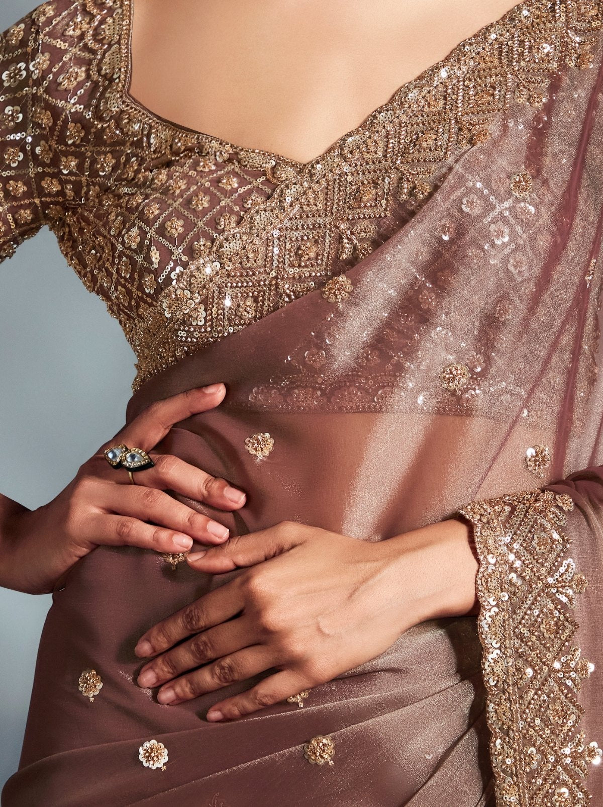 Metallic Cream Tissue Organza Wedding Saree With Blouse Piece