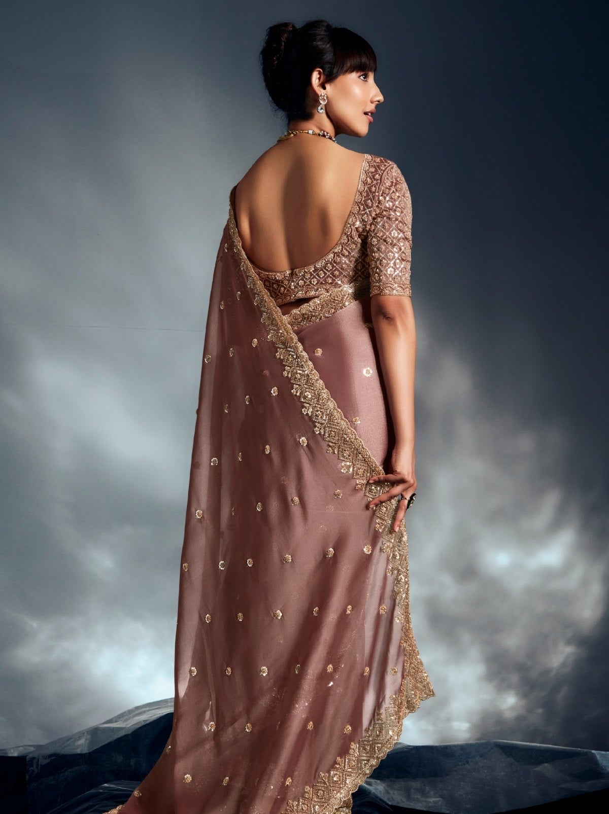 Metallic Cream Tissue Organza Wedding Saree With Blouse Piece