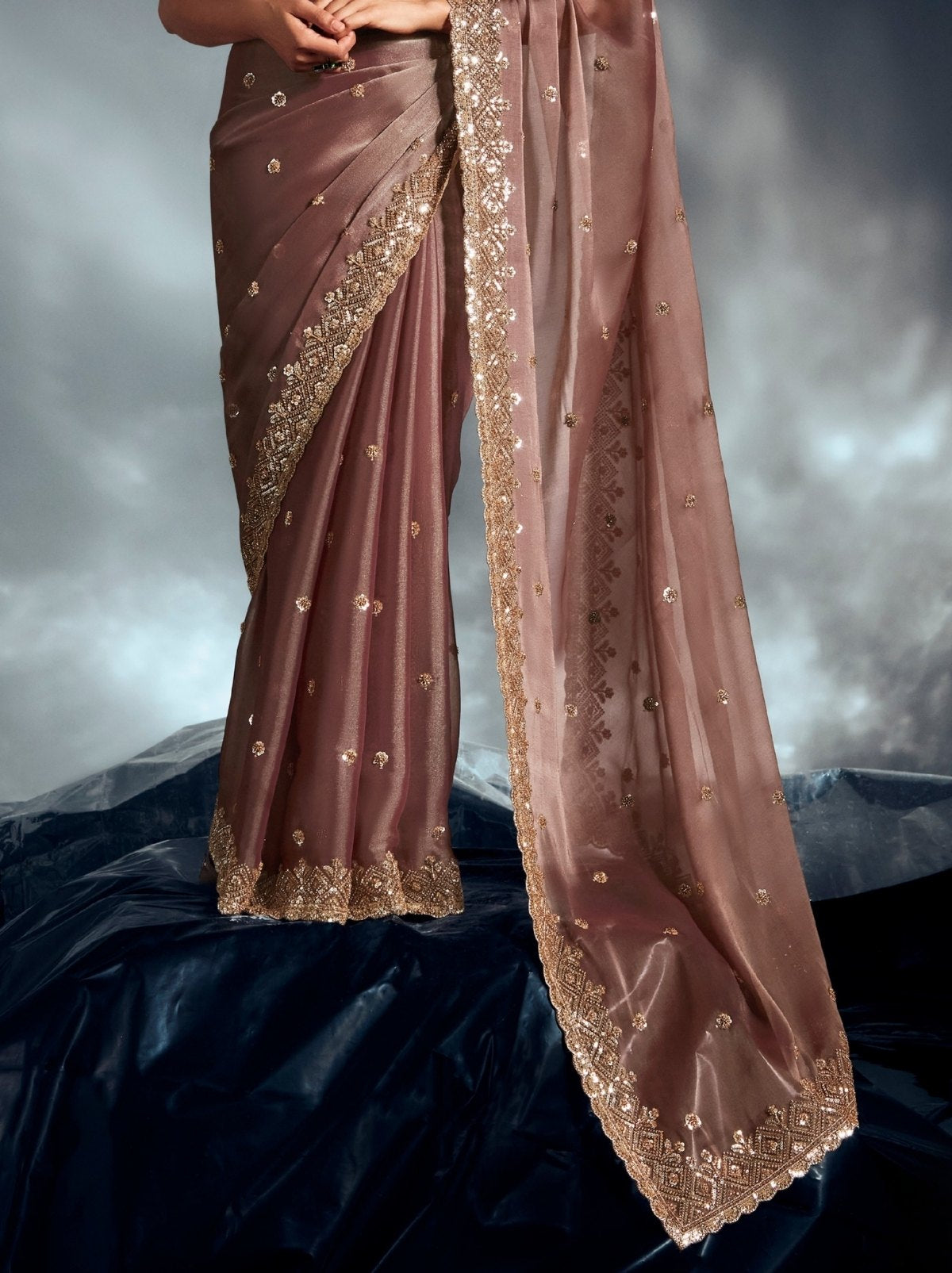 Metallic Cream Tissue Organza Wedding Saree With Blouse Piece
