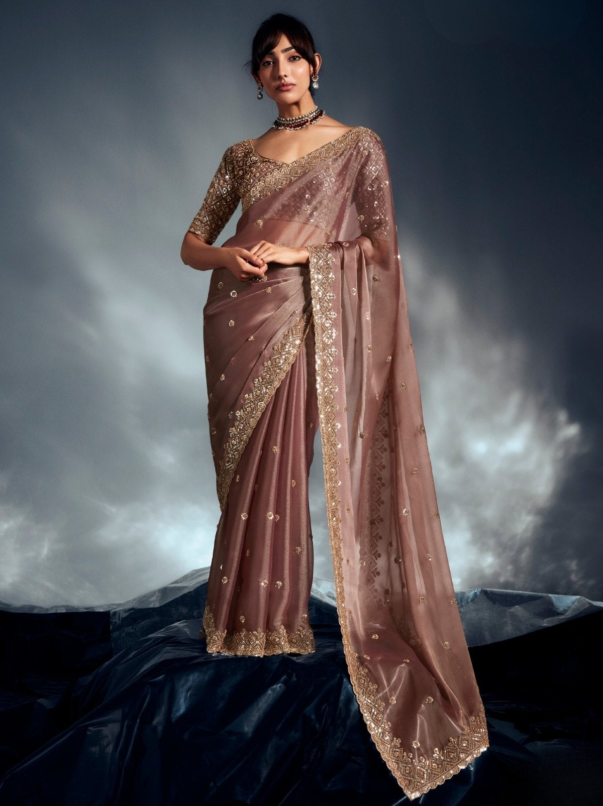 Metallic Cream Tissue Organza Wedding Saree With Blouse Piece