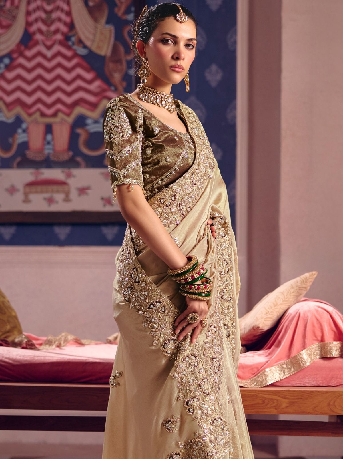 Metallic Cream Tissue Silk Saree with Luxurious Zari & Embroidered Border