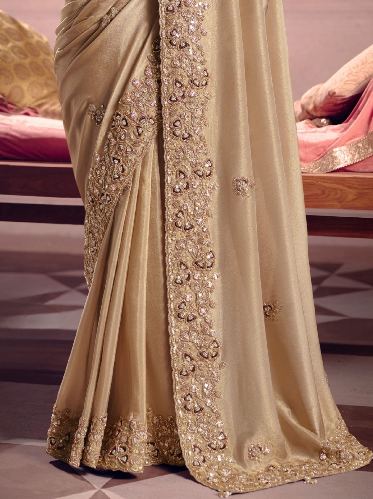 Metallic Cream Tissue Silk Saree with Luxurious Zari & Embroidered Border