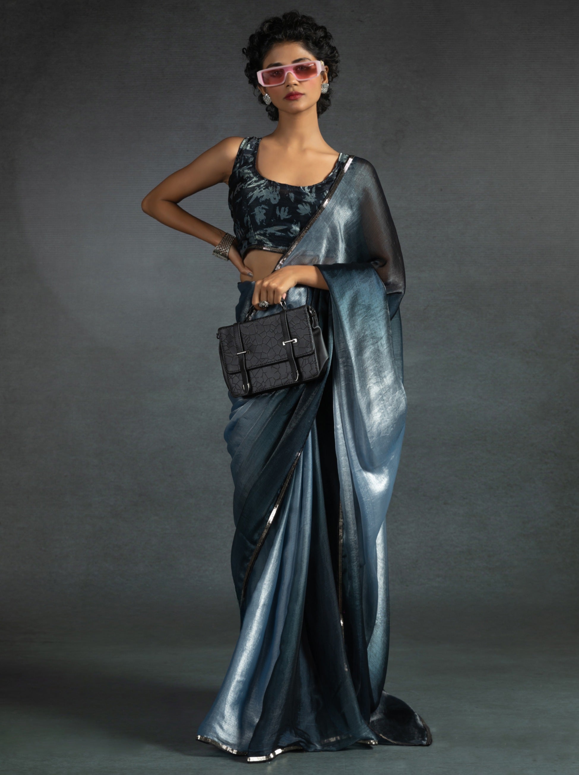 Metallic Dual Tone Black-Grey Designer Ready to Wear Saree