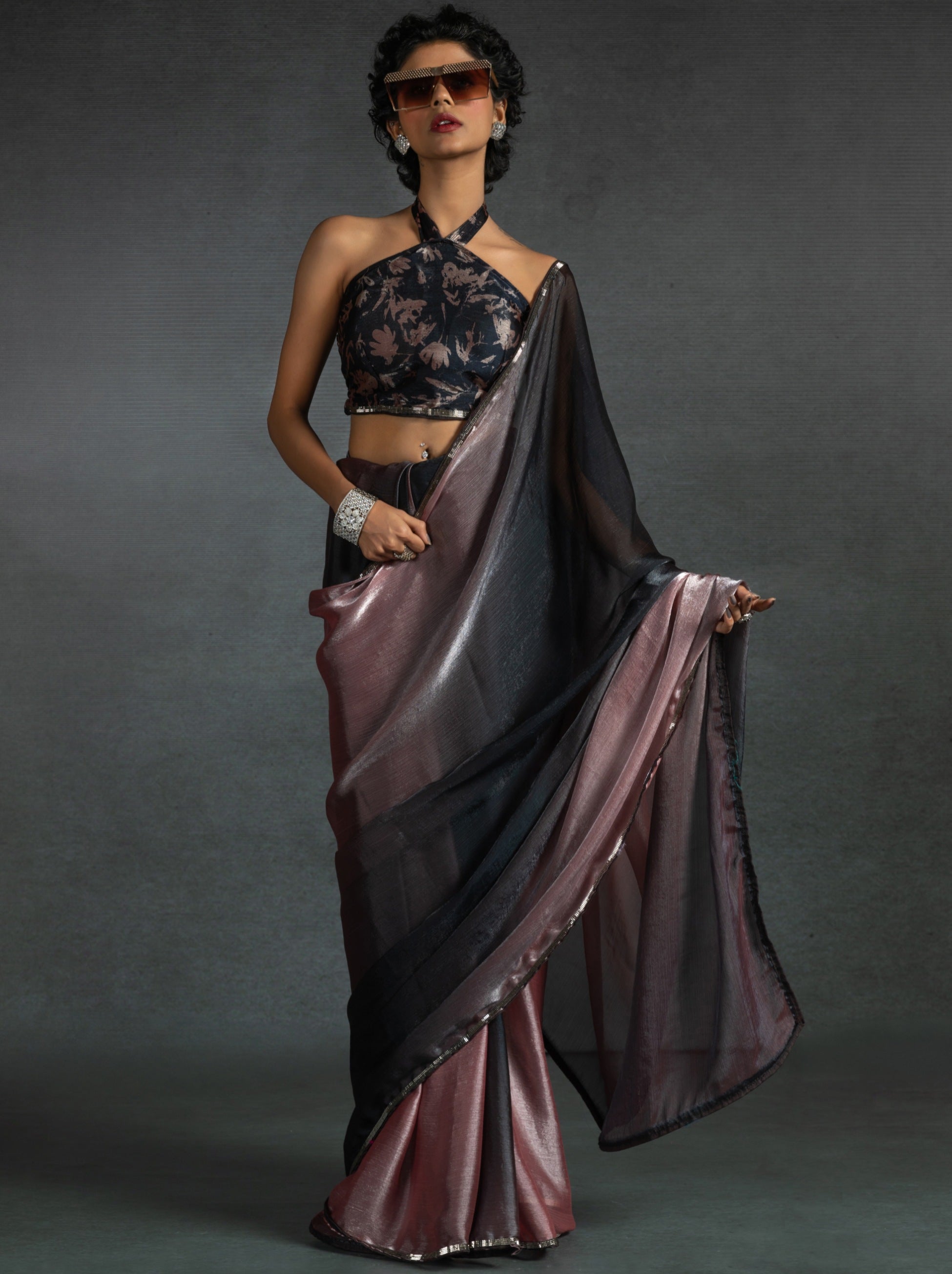 Metallic Dual Tone Black-Pink Designer Ready to Wear Saree - TrendOye
