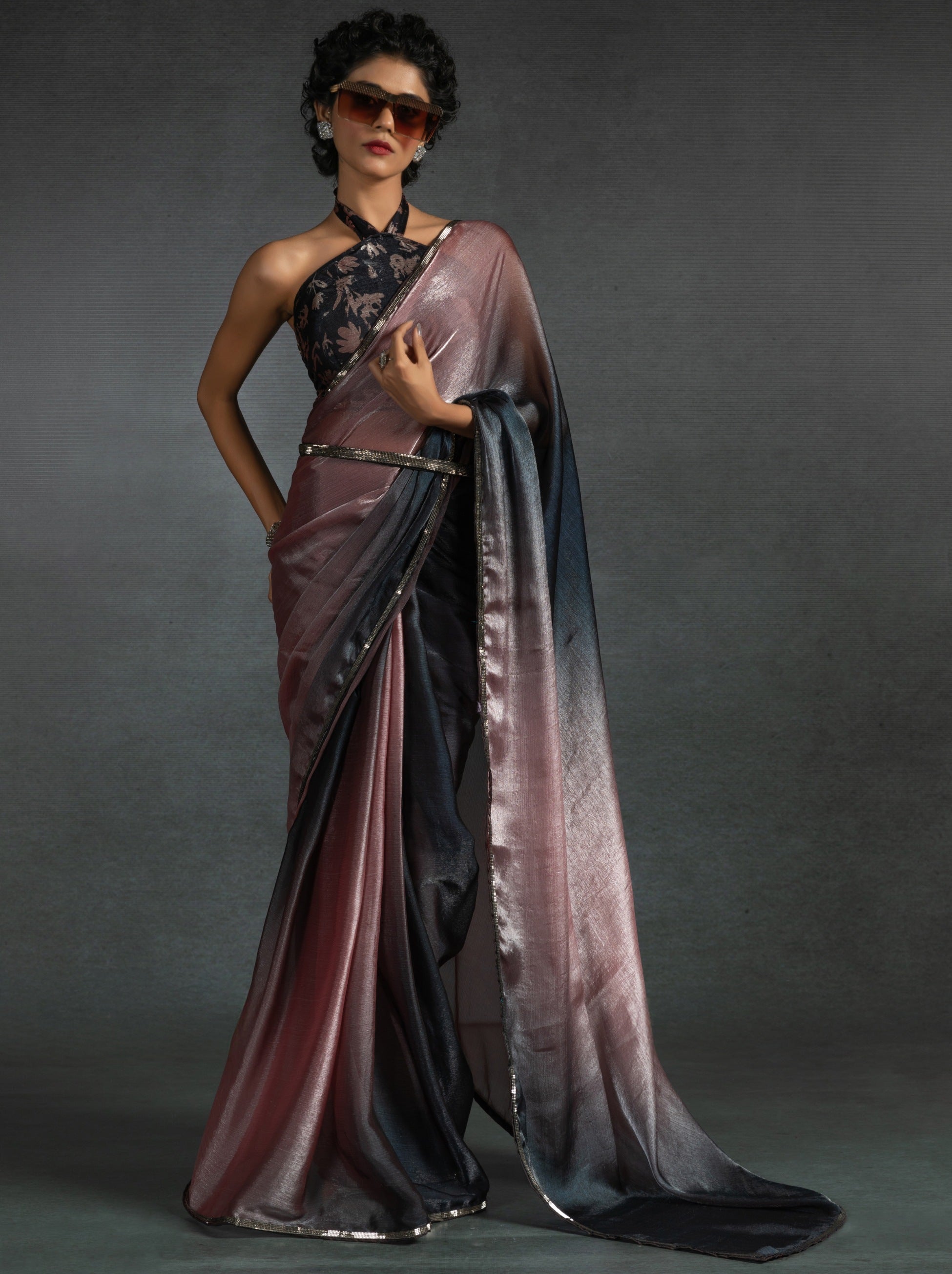 Metallic Dual Tone Black-Pink Designer Ready to Wear Saree - TrendOye