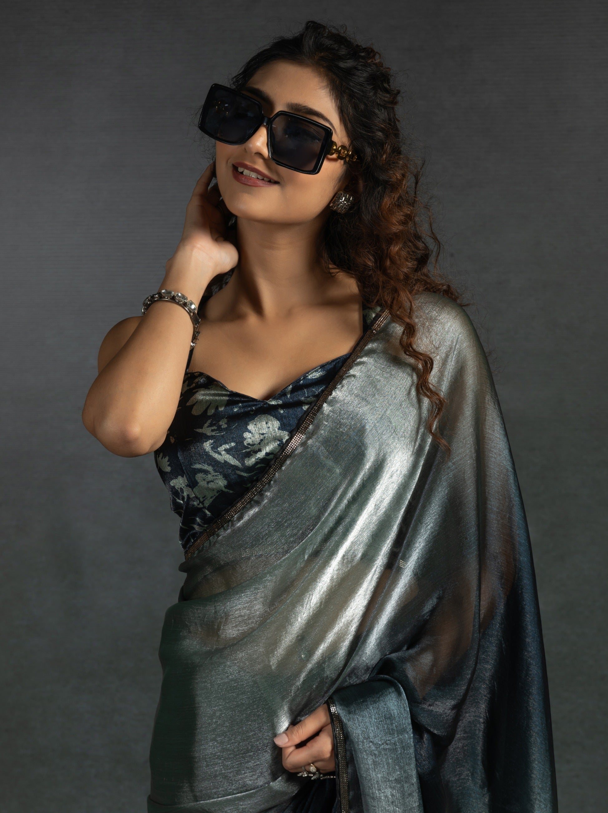Metallic Dual Tone Green-Black Designer Ready to Wear Saree - TrendOye