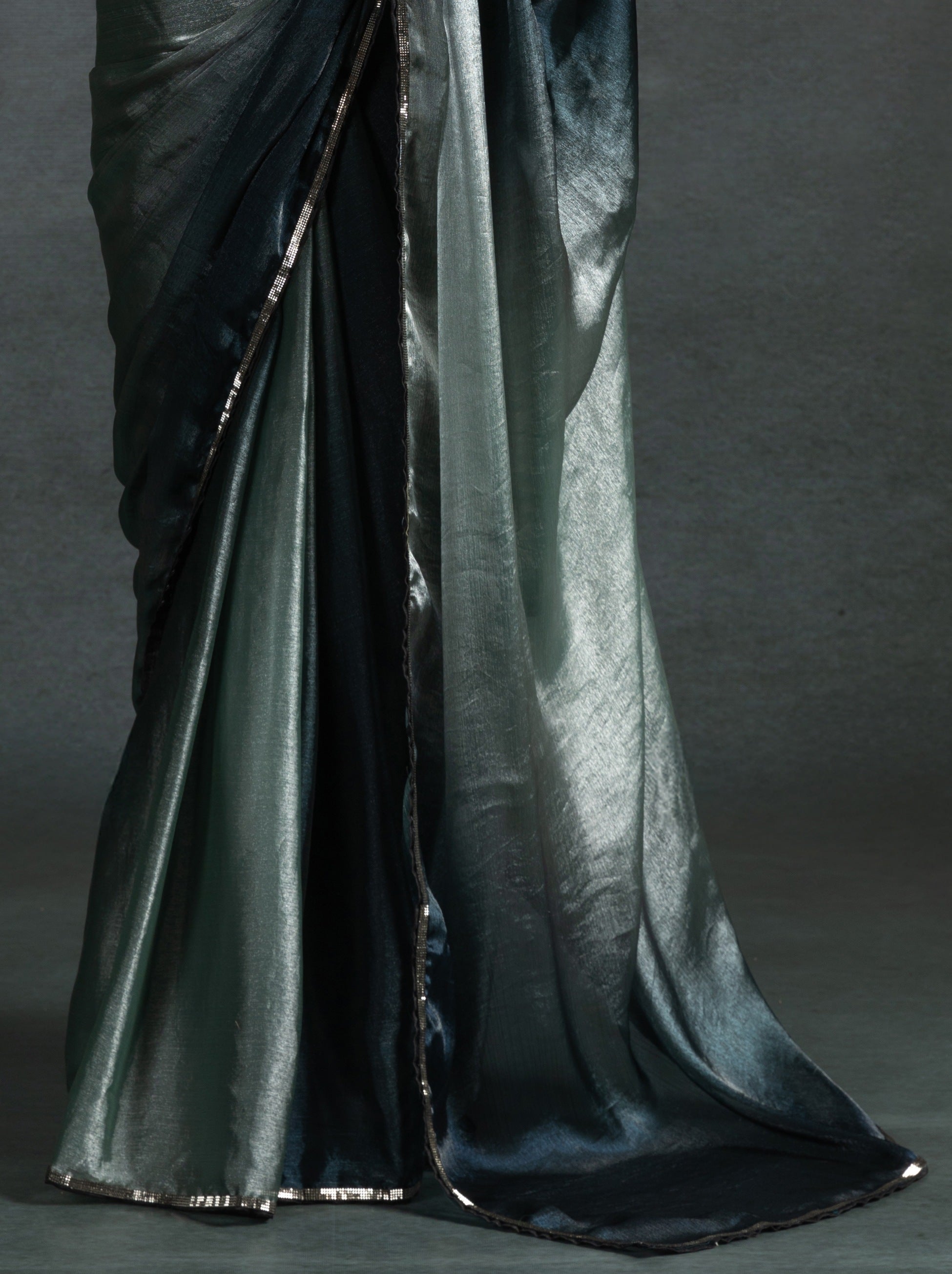 Metallic Dual Tone Green-Black Designer Ready to Wear Saree - TrendOye