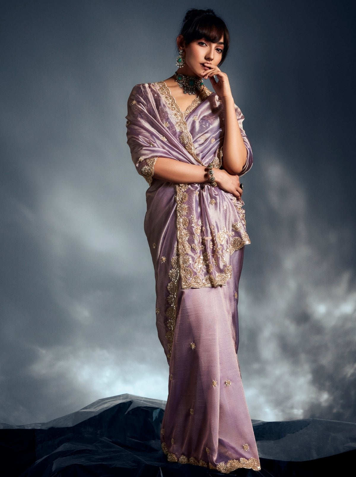 Metallic Purple Tissue Organza Wedding Saree With Blouse Piece