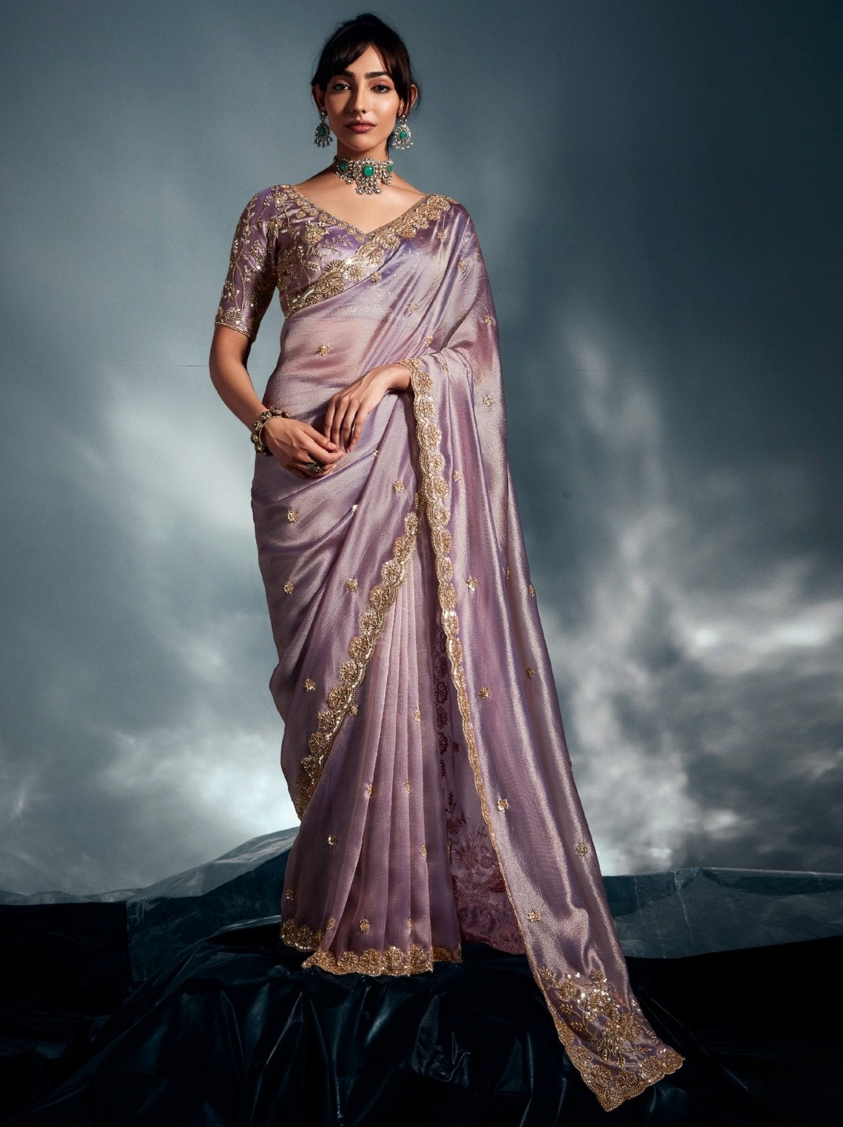 Metallic Purple Tissue Organza Wedding Saree With Blouse Piece