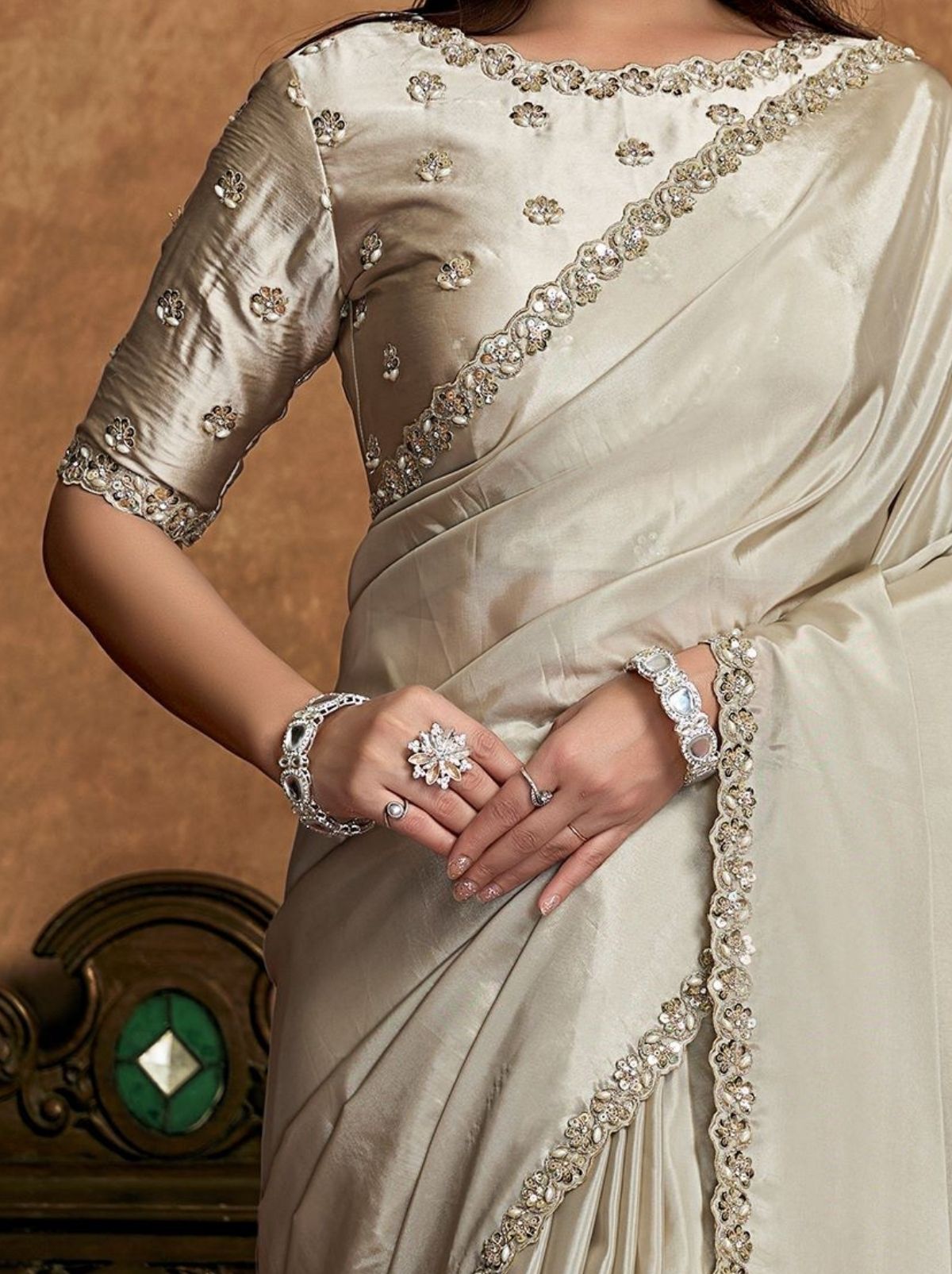 Metallic Silver Premium Reception Wear Saree With Unstitched Blouse