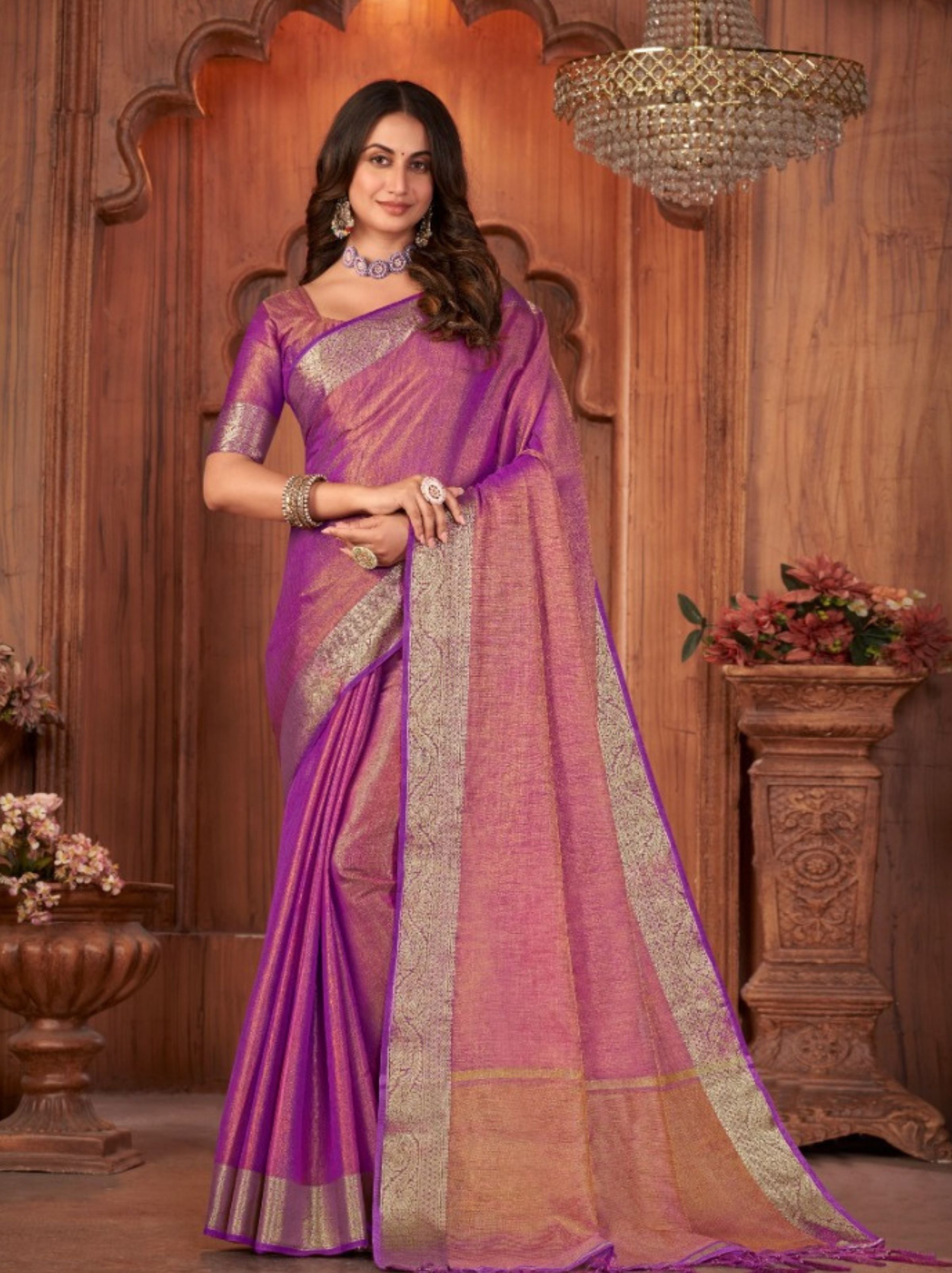 Mulberry Violet Linen Designer Saree - TrendOye