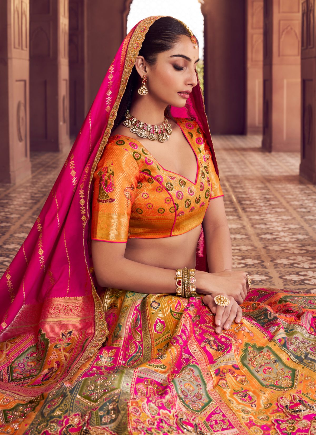 Multi-Color Royal Wedding Banarasi Lehenga Set With Sequin & Zari Work - TrendOye