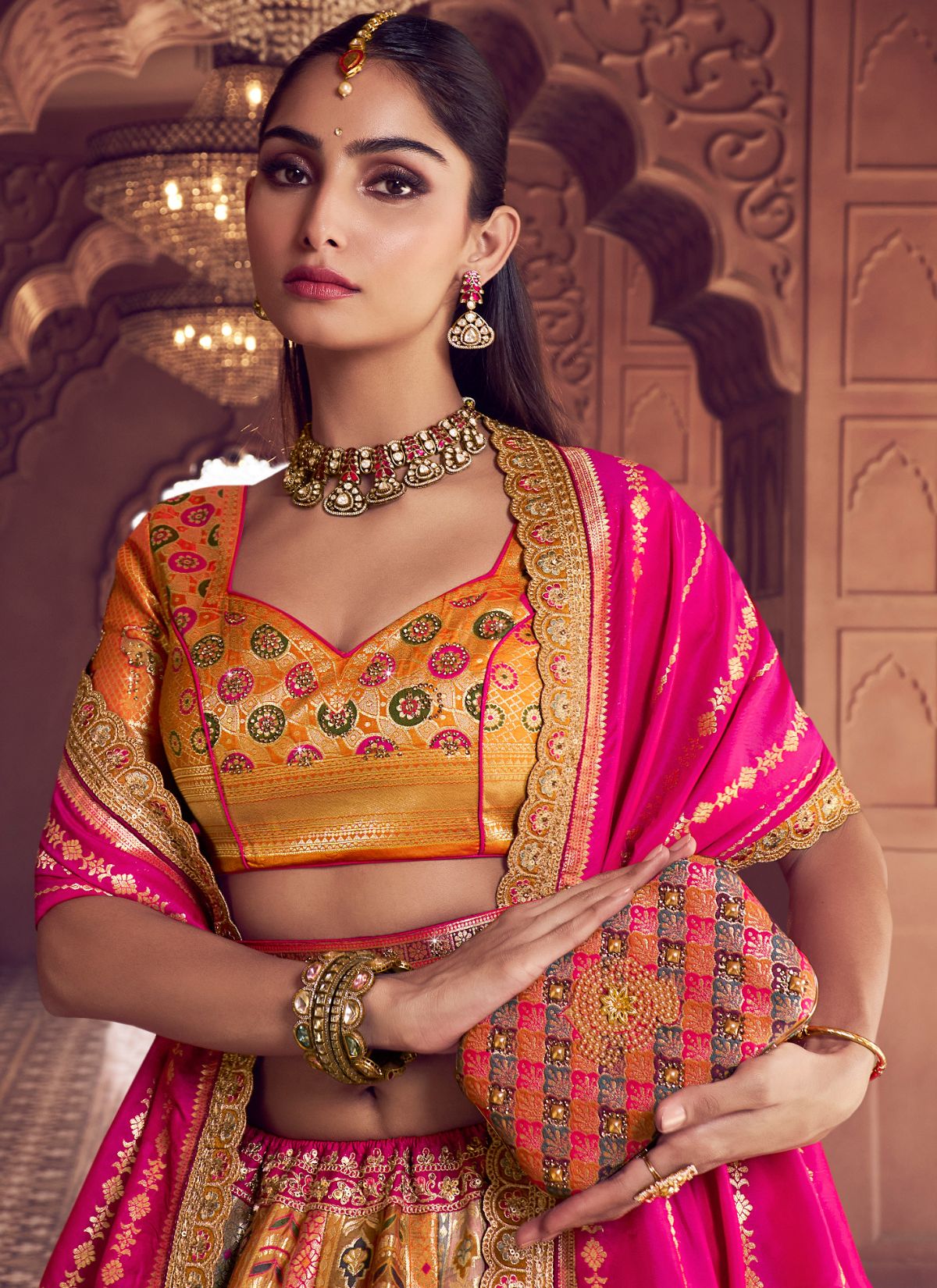 Multi-Color Royal Wedding Banarasi Lehenga Set With Sequin & Zari Work - TrendOye