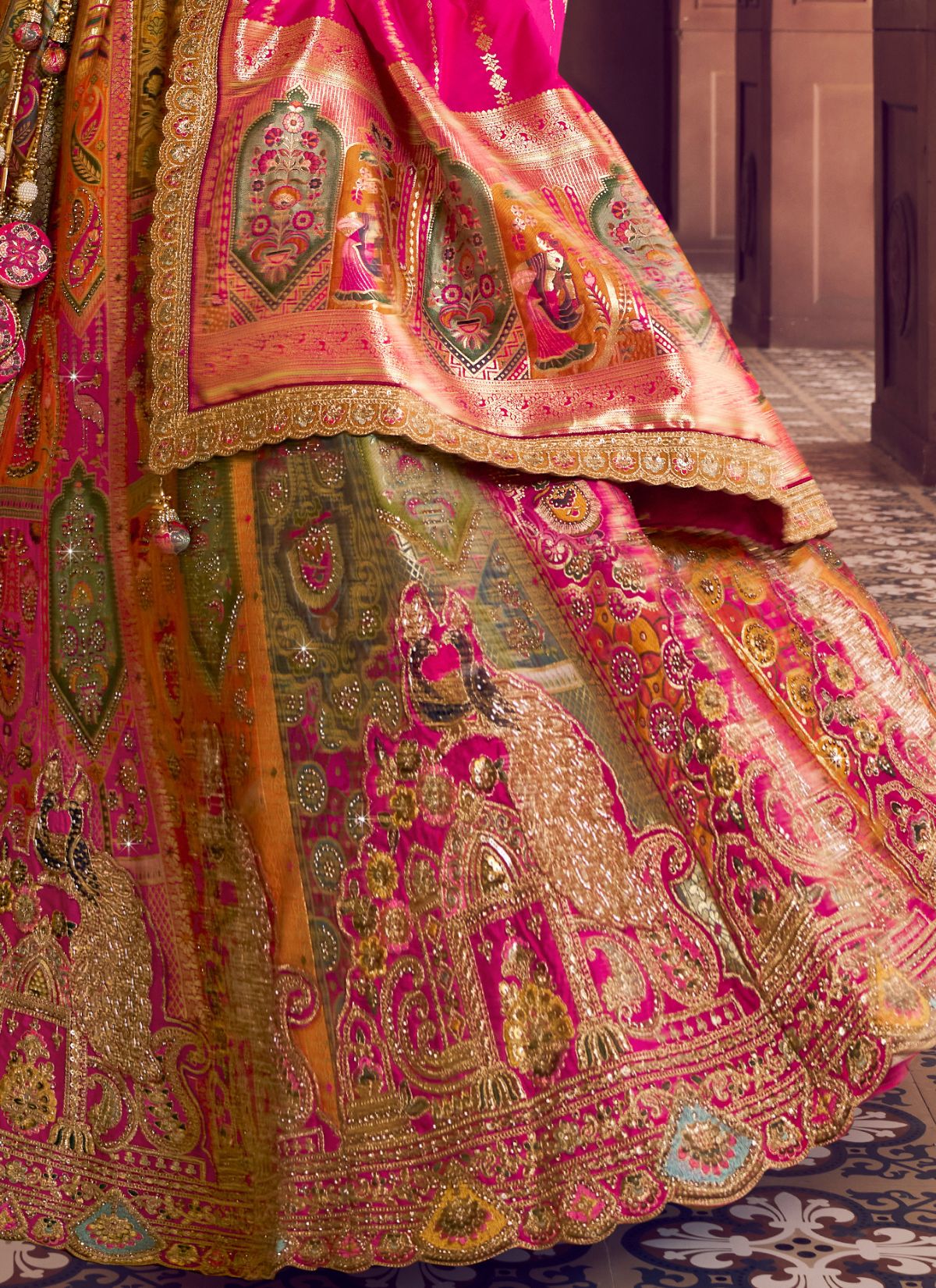 Multi-Color Royal Wedding Banarasi Lehenga Set With Sequin & Zari Work - TrendOye