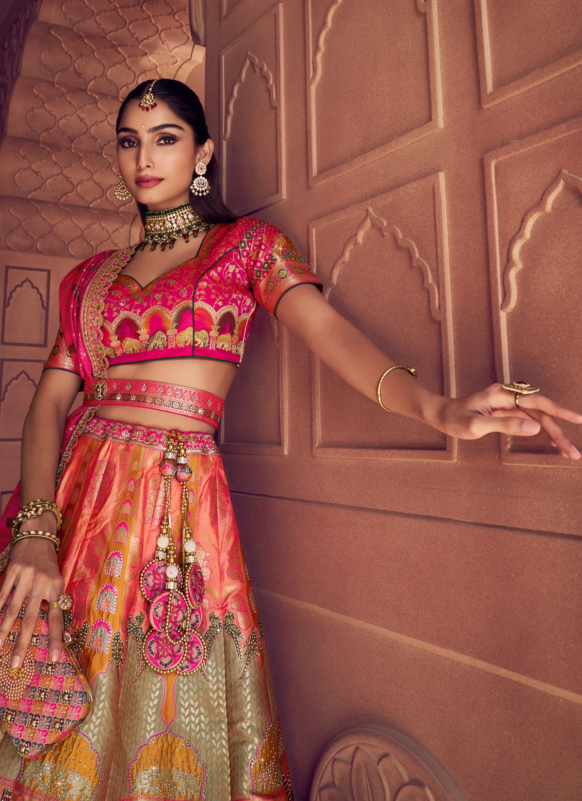 Multi-Color Royal Wedding Banarasi Lehenga Set With Sequin & Zari Work - TrendOye
