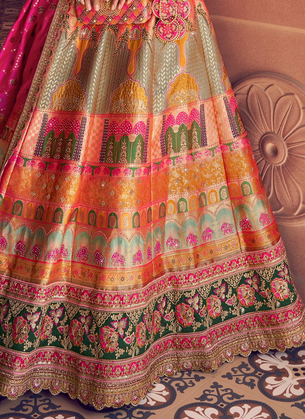 Multi-Color Royal Wedding Banarasi Lehenga Set With Sequin & Zari Work - TrendOye