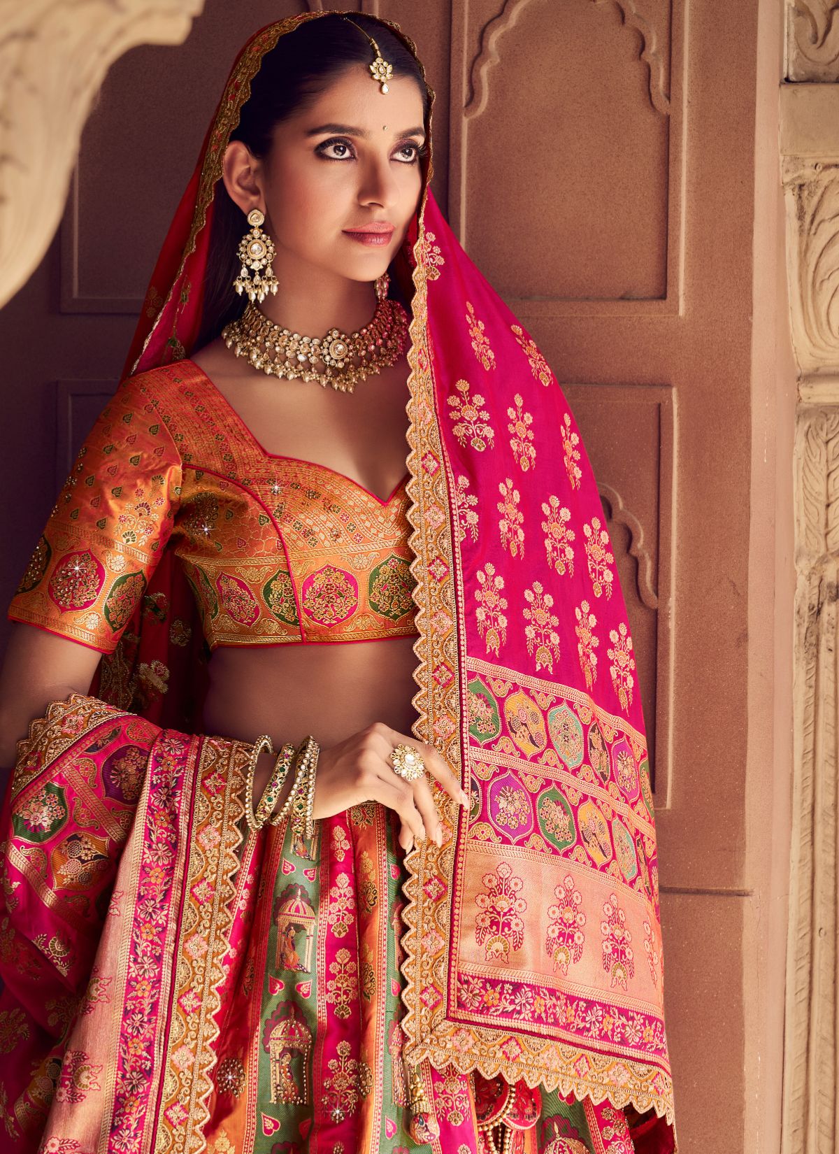 Multi-Color Royal Wedding Banarasi Lehenga Set With Sequin & Zari Work - TrendOye