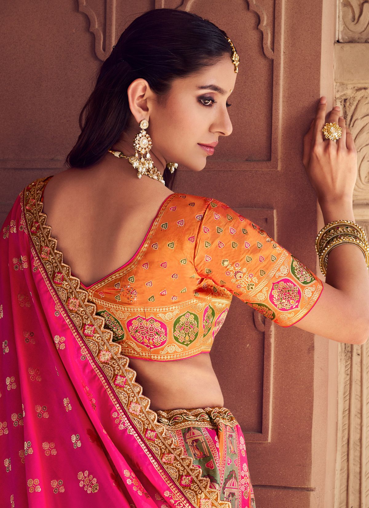 Multi-Color Royal Wedding Banarasi Lehenga Set With Sequin & Zari Work - TrendOye