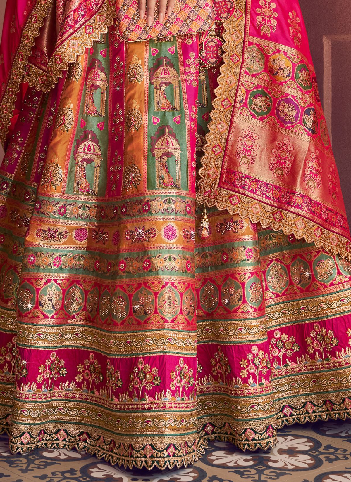 Multi-Color Royal Wedding Banarasi Lehenga Set With Sequin & Zari Work - TrendOye